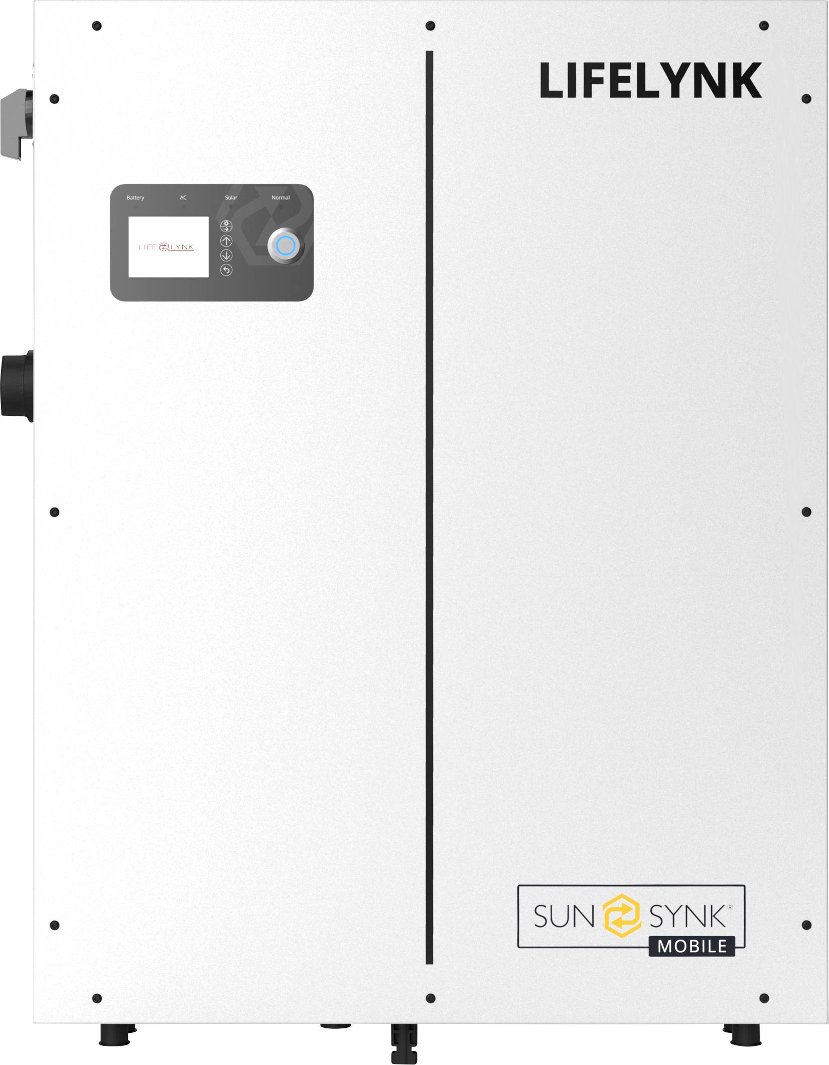 Ein weißes Gerät mit dem Markennamen 'Lifelynk' oben rechts und einem Display auf der linken Seite; unten das Logo 'SunSync Mobile'.