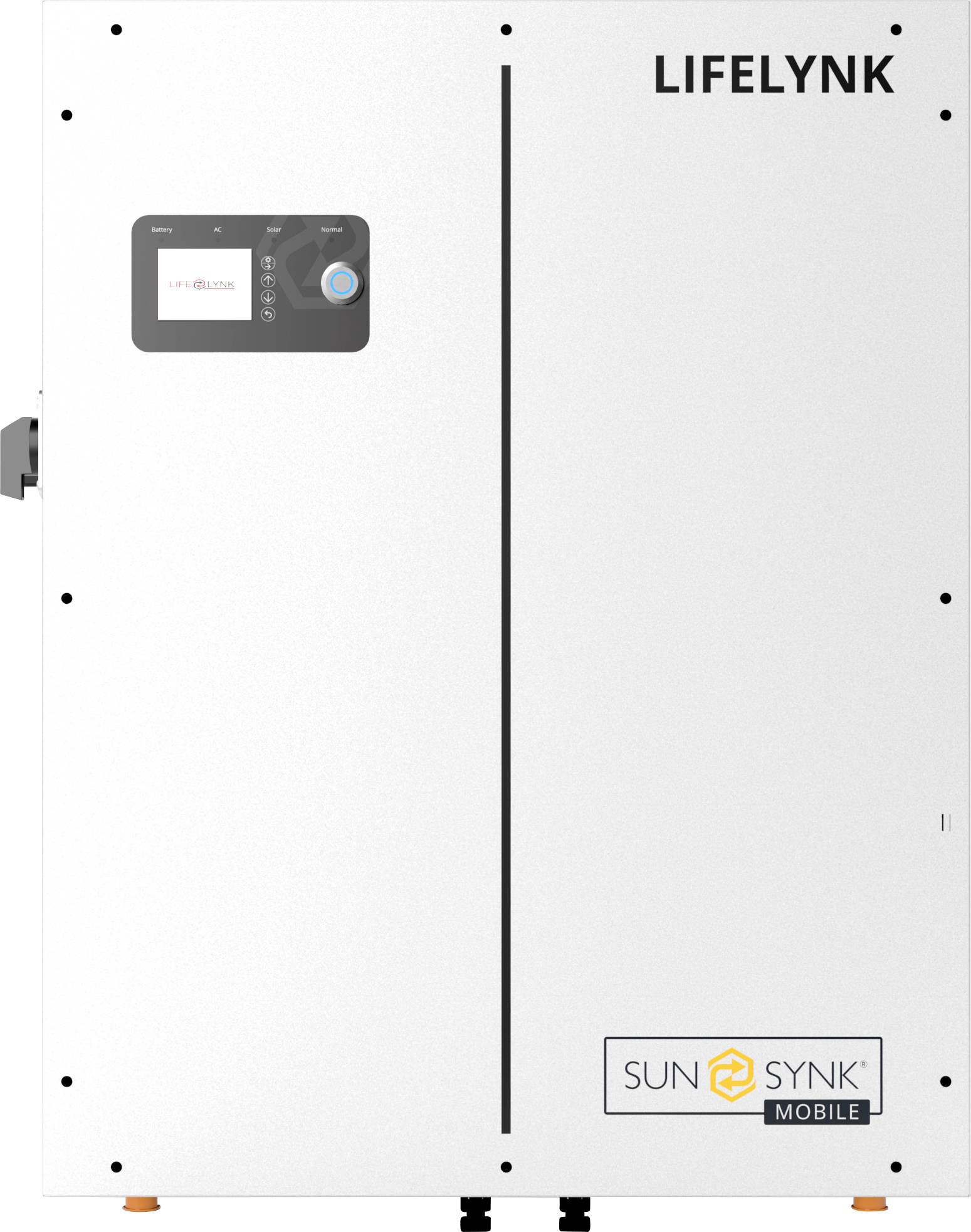Ein weißes elektrisches Gerät mit einem schwarzen Bedienfeld, Bildschirm und Steuerknopf. Oben steht 'LifelynK', unten 'SunSynk Mobile'.