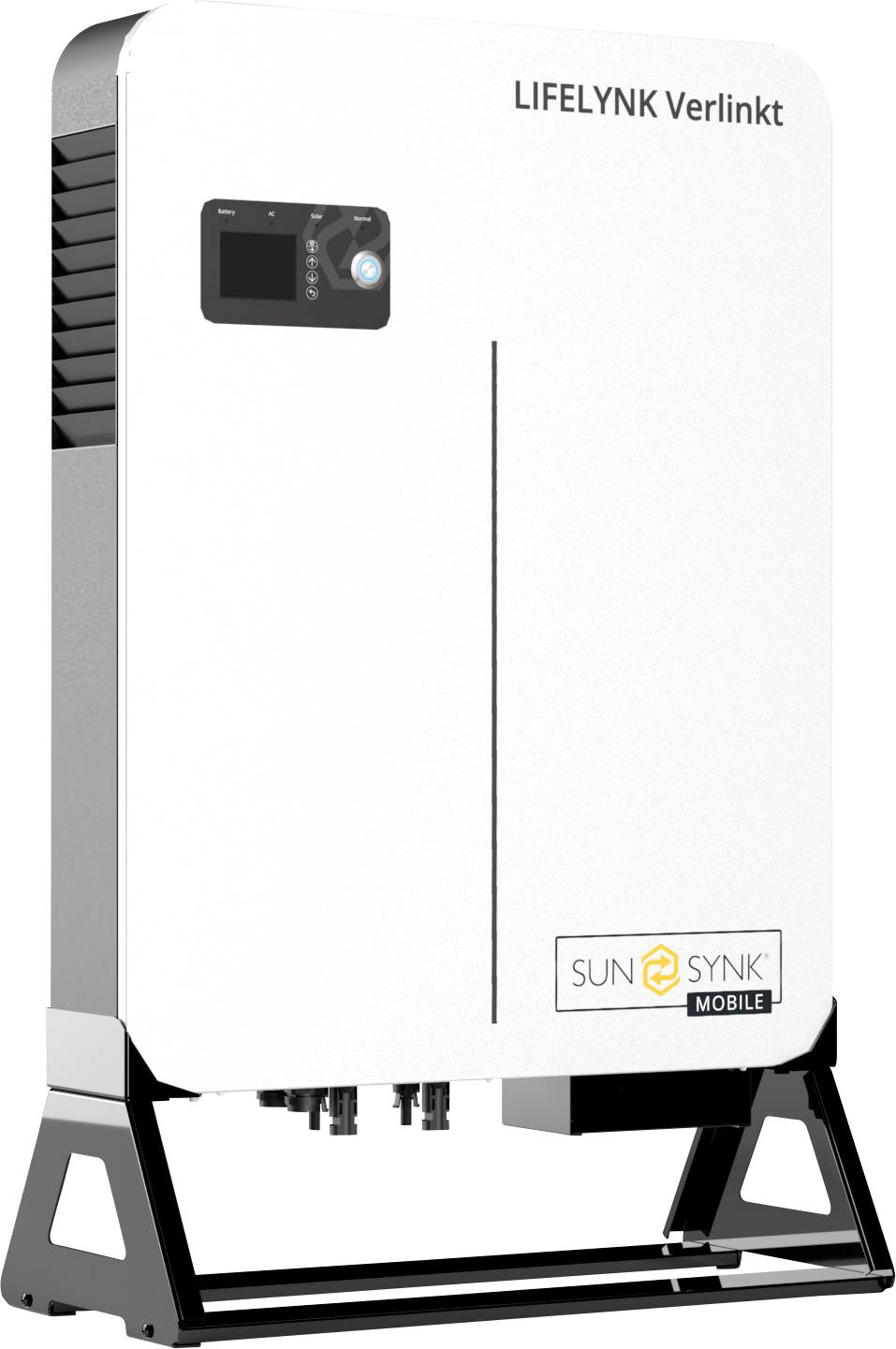Ein weißer Solarbatterie-Wechselrichter mit dem Aufdruck 'LIFELYNK Verlinkt' und 'SUNSYNK MOBILE' steht auf einem schwarzen Gestell.