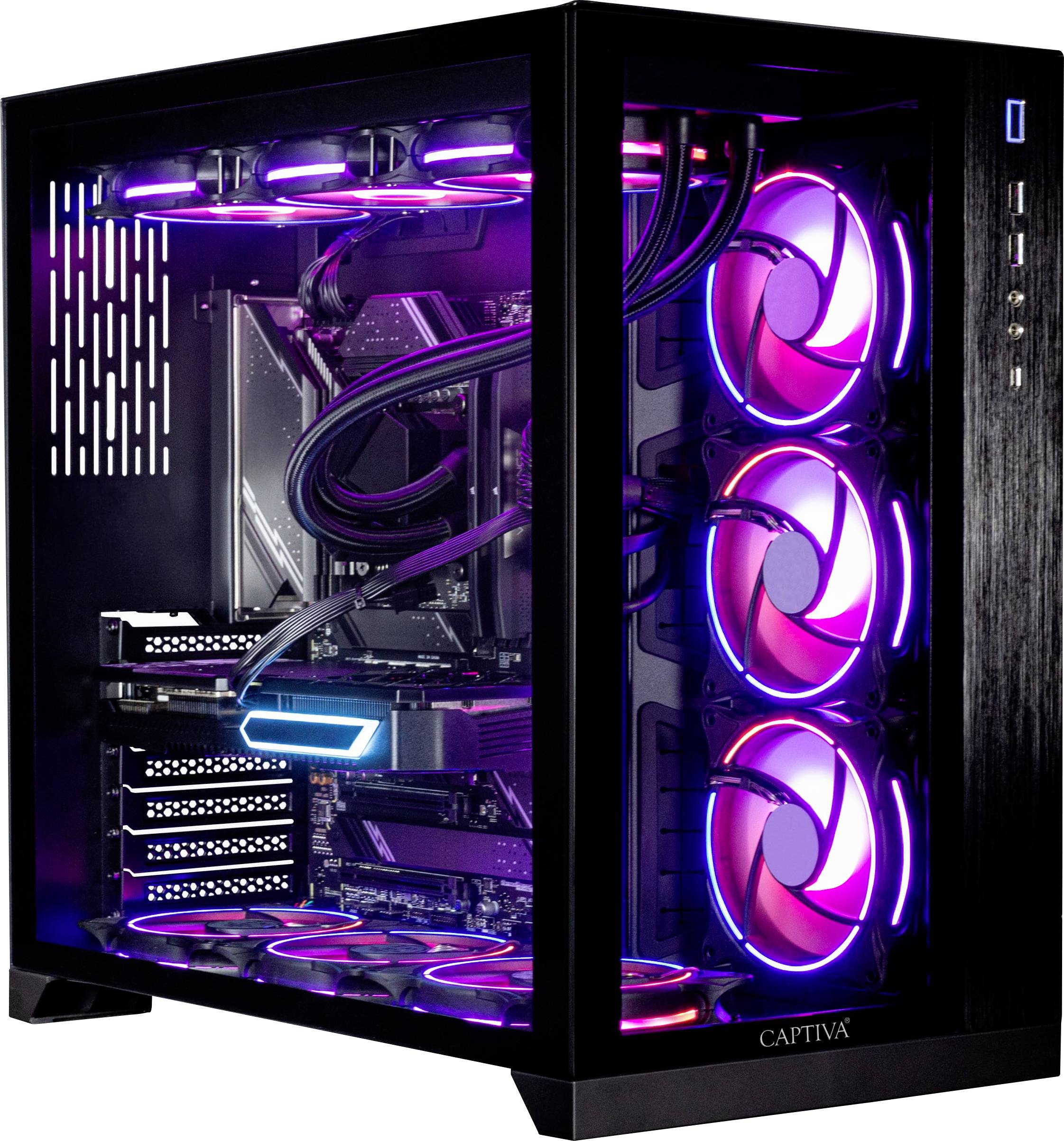 Gaming-Computer mit transparentem Gehäuse zeigt lila und blau leuchtende Ventilatoren und Flüssigkühlung.