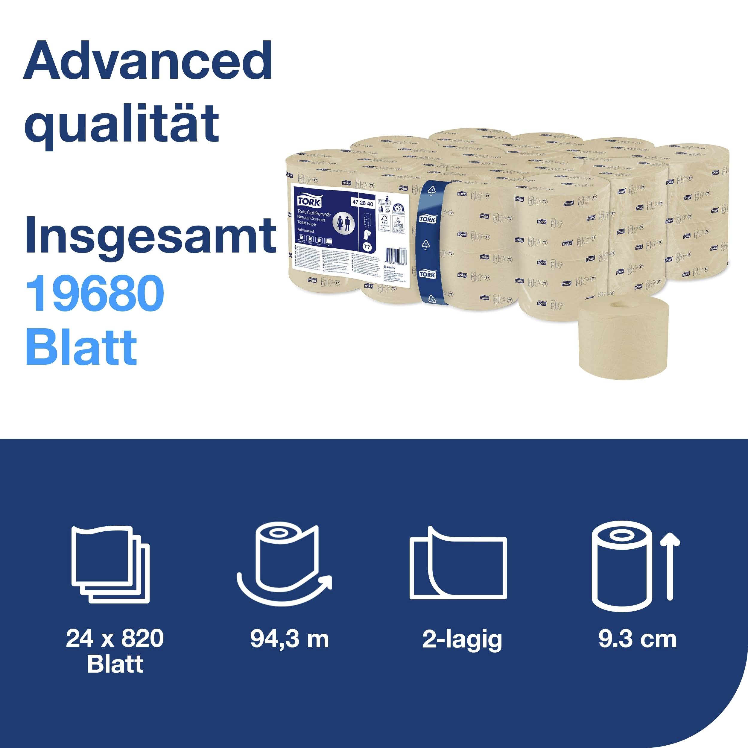 Toilettenpapierpack mit 24 Rollen, jeweils 820 Blatt, insgesamt 19680 Blatt. 2-lagig, 9,3 cm Breite, 94,3 m pro Rolle.