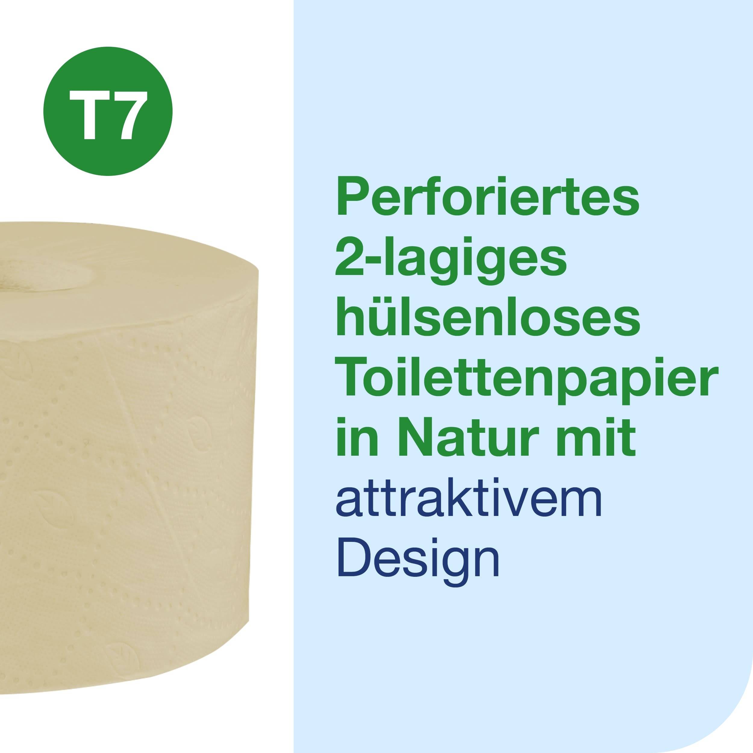 Toilettenpapier ohne Hülse, perforiert, 2-lagig. Text: 'Perforiertes 2-lagiges hülsenloses Toilettenpapier in Naturnähe mit attraktivem Design'.
