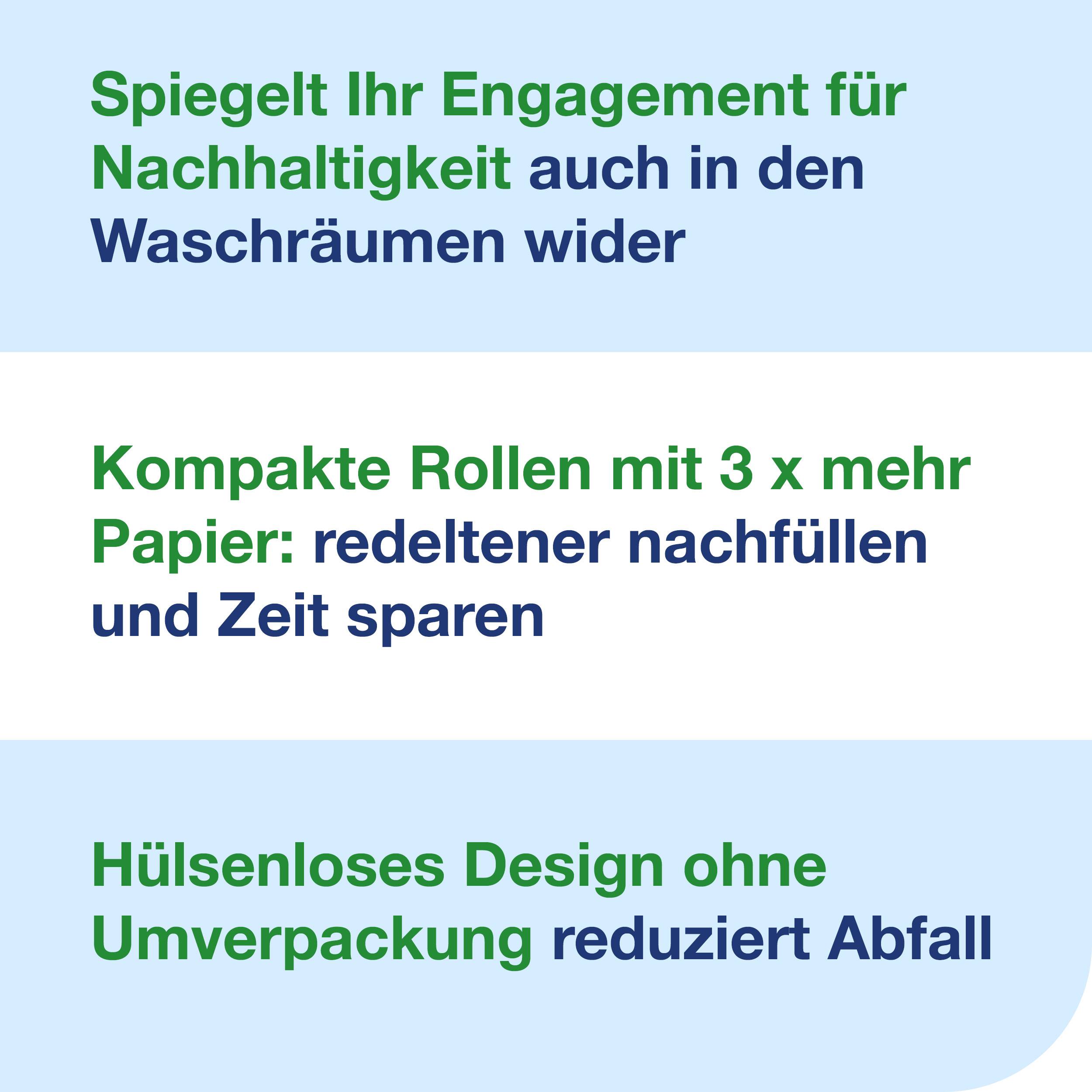 Spiegelt Ihr Engagement für Nachhaltigkeit auch in den Waschräumen wider. Kompakte Rollen mit 3 x mehr Papier: redeltener nachfüllen und Zeit sparen. Hülsenloses Design ohne Umverpackung reduziert Abfall.