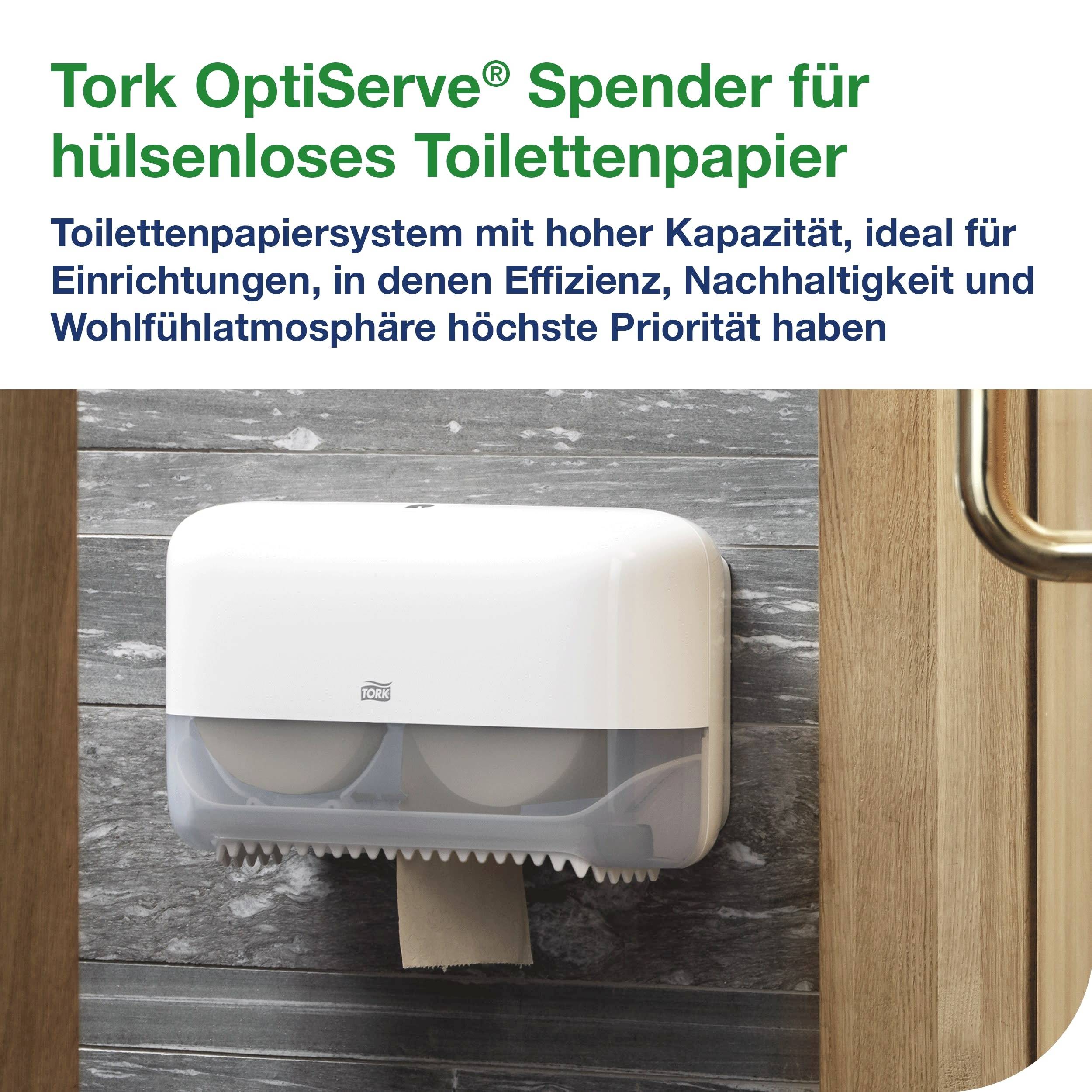 Der Tork OptiServe® Spender ist für hülsenloses Toilettenpapier, ideal für Effizienz, Nachhaltigkeit und Wohlfühlatmosphäre.