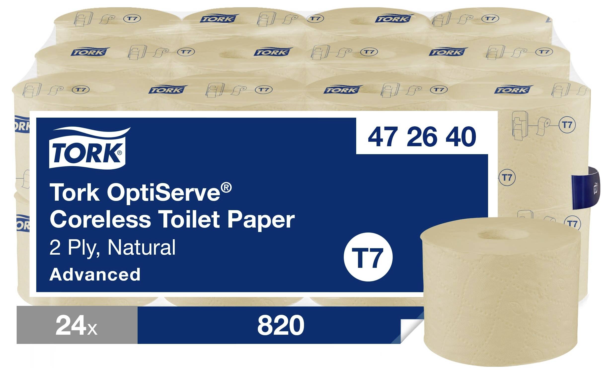 Verpackung mit 24 Rollen kernlosem Tork OptiServe Toilettenpapier, 2-lagig, natürlich, Advanced-Qualität, Artikelnummer 47 26 40.
