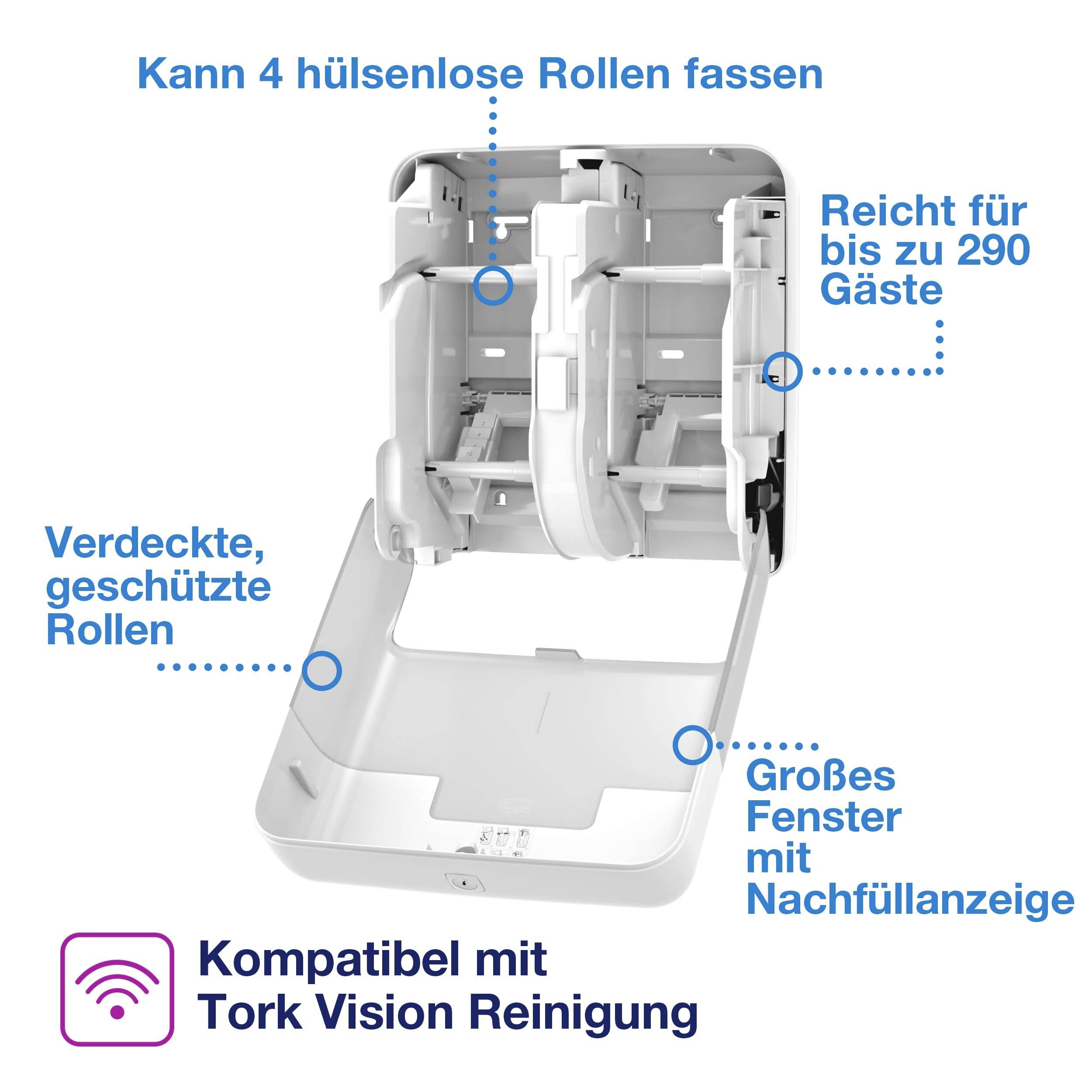 Offener Spender, der bis zu 4 hüllenlose Rollen fasst. Geeignet für bis zu 290 Gäste. Großes Fenster zur Nachfüllanzeige.