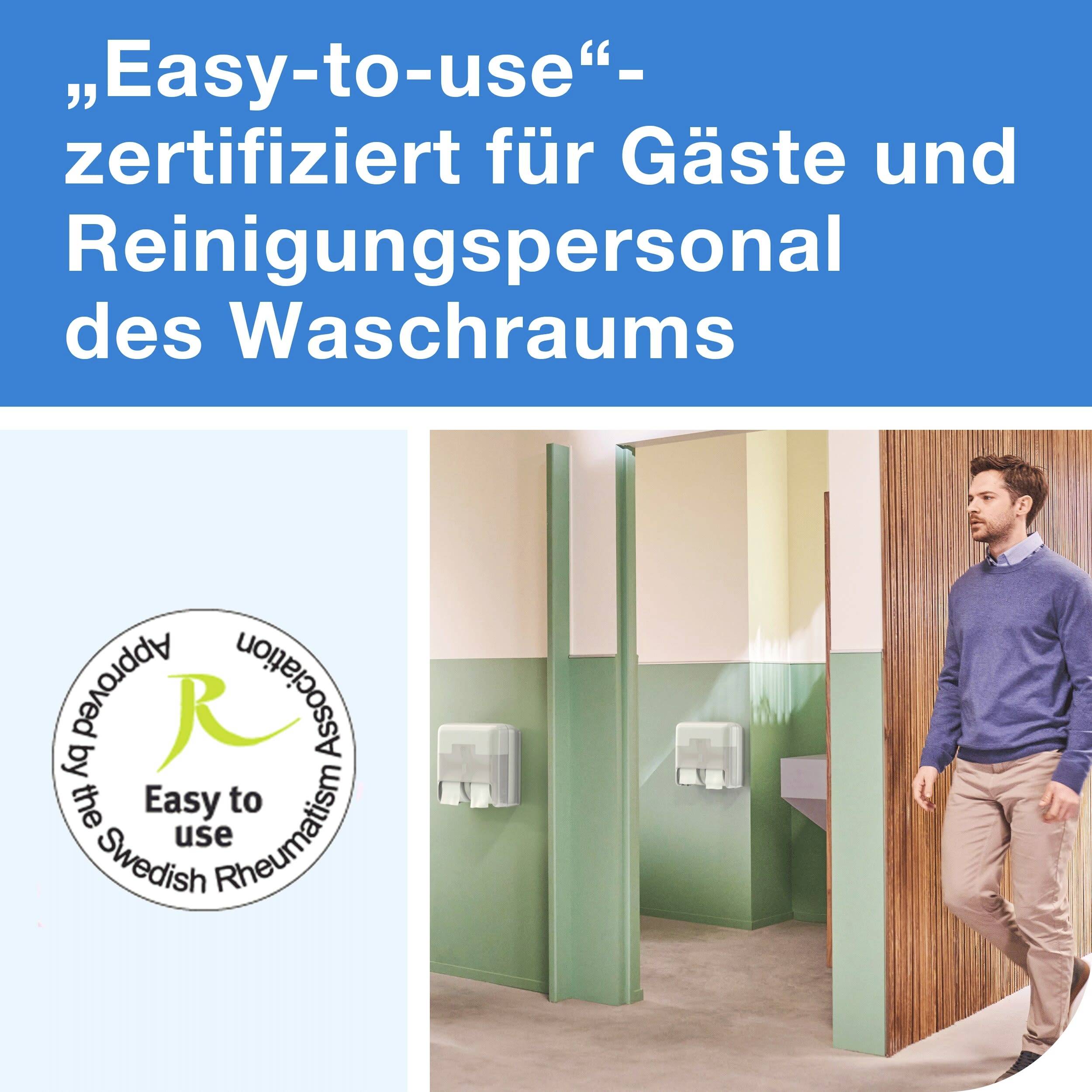 Eine Person steht in einem Waschraum mit mehreren Seifenspendern. Links ist ein Logo mit 'Easy-to-use' zertifiziert von der Swedish Association.