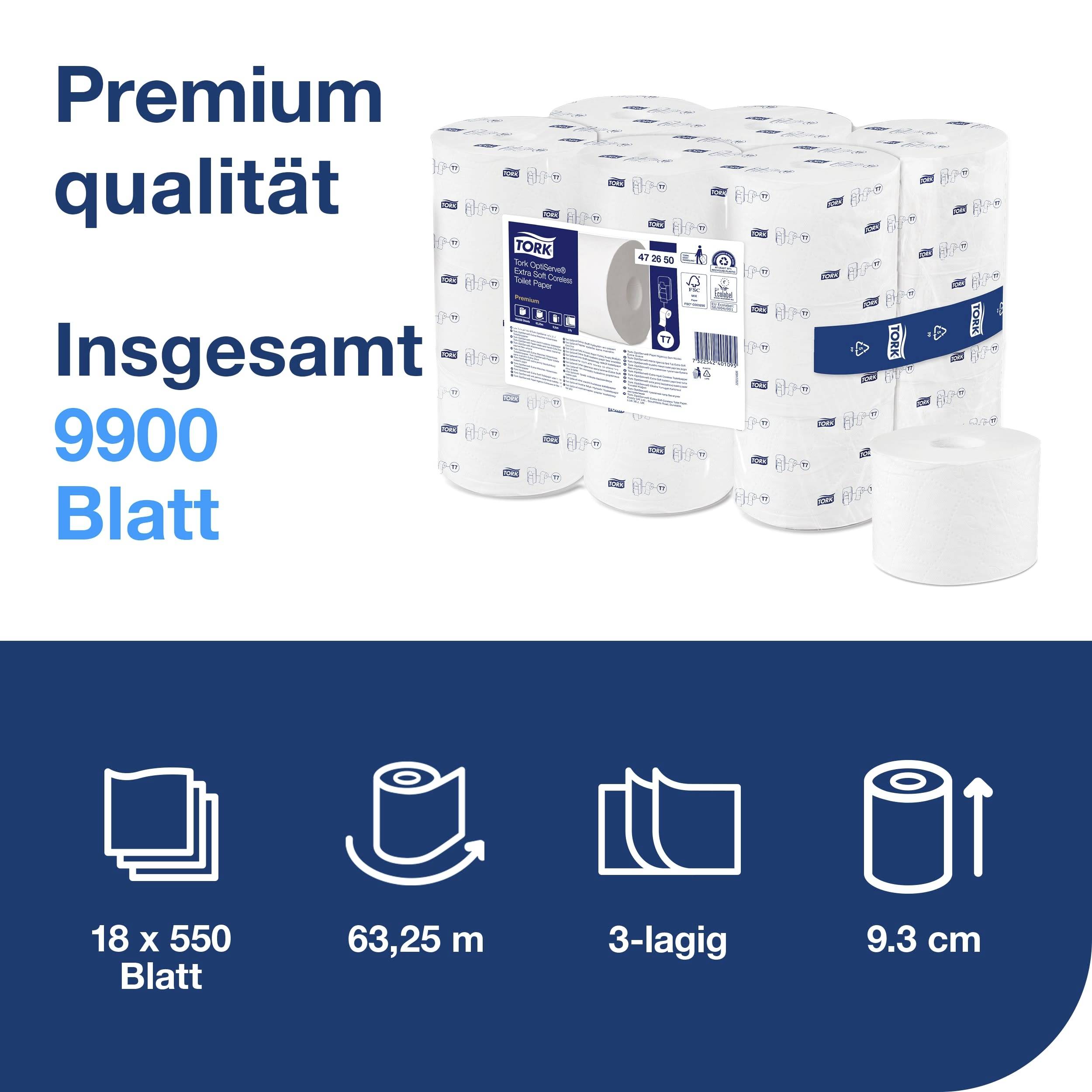 Eine Gruppe von sechs großen Toilettenpapierrollen mit Etikett 'Premium Qualität'. Details: 1980 x 550 Blatt, 63,25 m, 3-lagig, 9,3 cm.