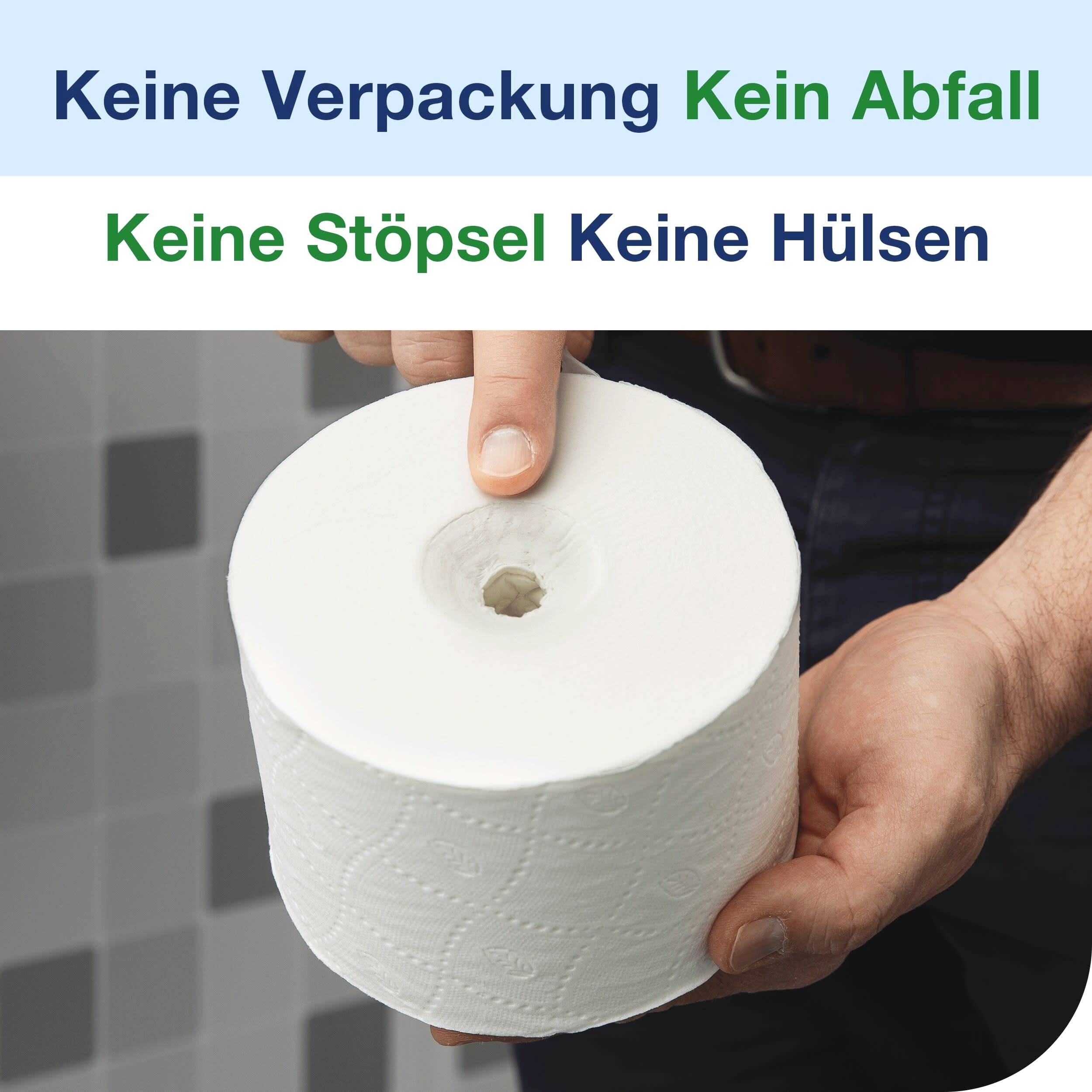 'Keine Verpackung Kein Abfall Keine Stöpsel Keine Hülsen' steht über einem Bild einer Person, die eine Rolle Toilettenpapier hält.