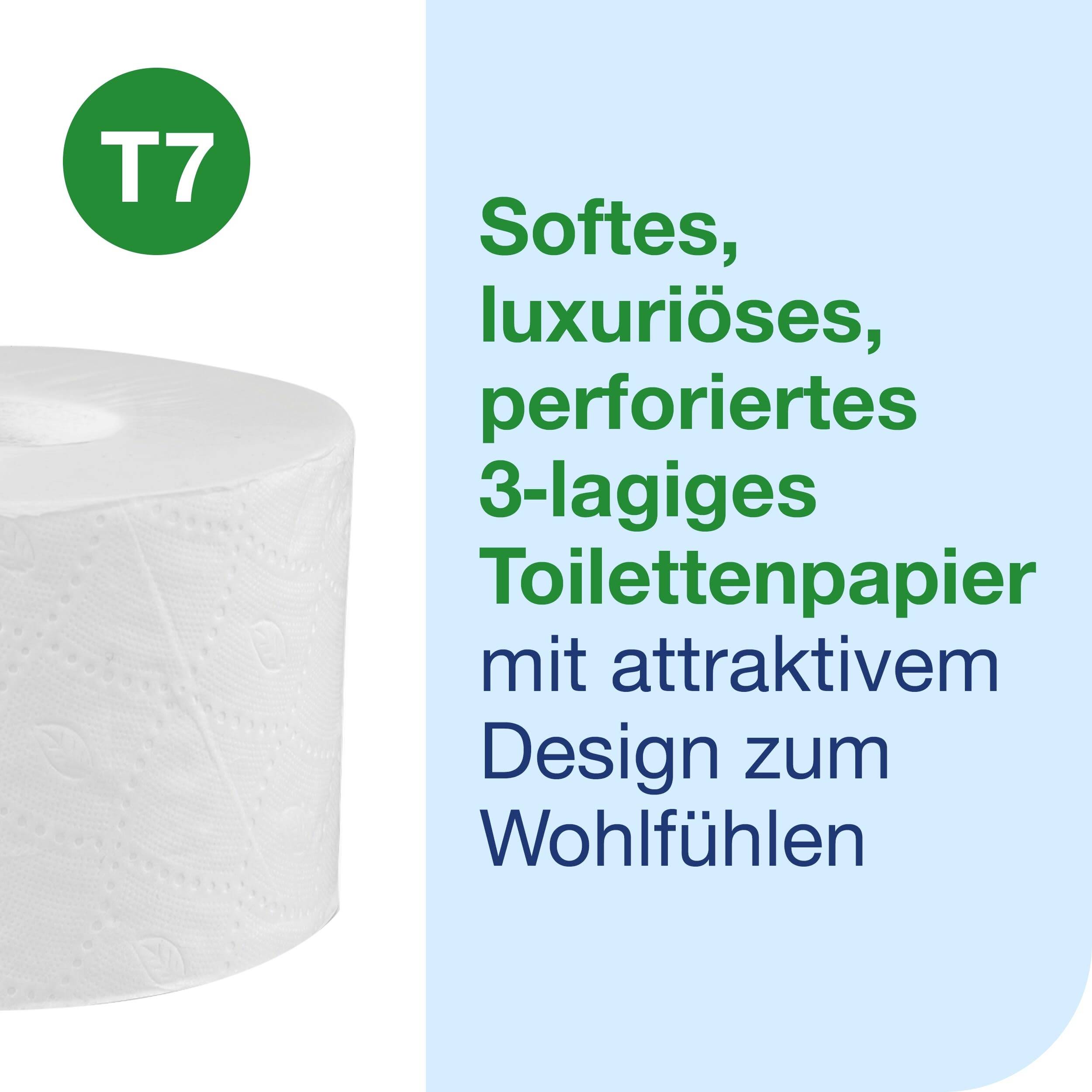 'Softes, luxuriöses 3-lagiges Toilettenpapier mit attraktivem Design zum Wohlfühlen.' Ein Bild einer Toilettenpapierrolle mit Text.