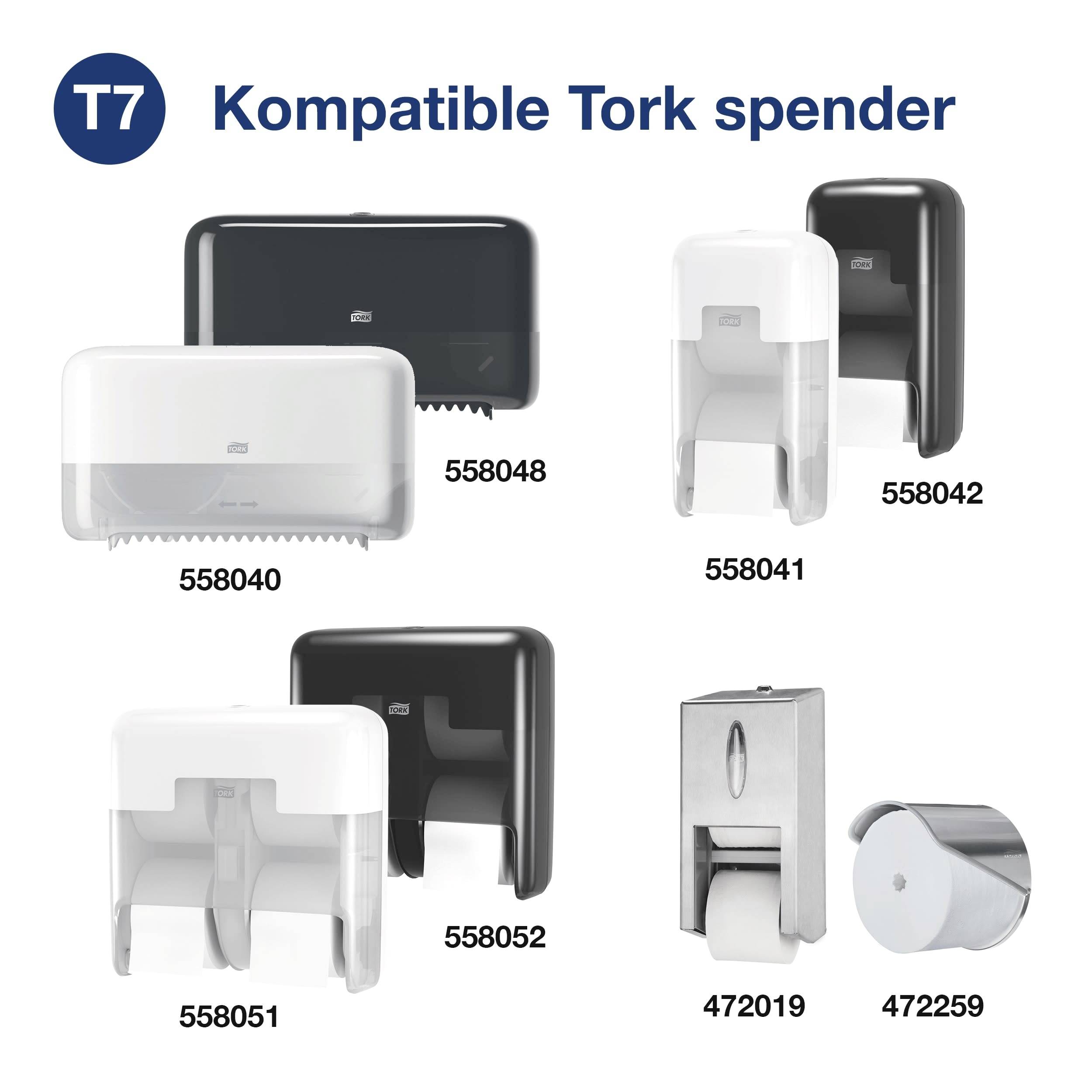 T7: 'Kompatible Tork Spender' zeigt sechs verschiedene Tork Papierhandtuchspender mit ihren Modellnummern: 558048, 558042, 558040, 558051, 558052, 558041, 472059, 472259.