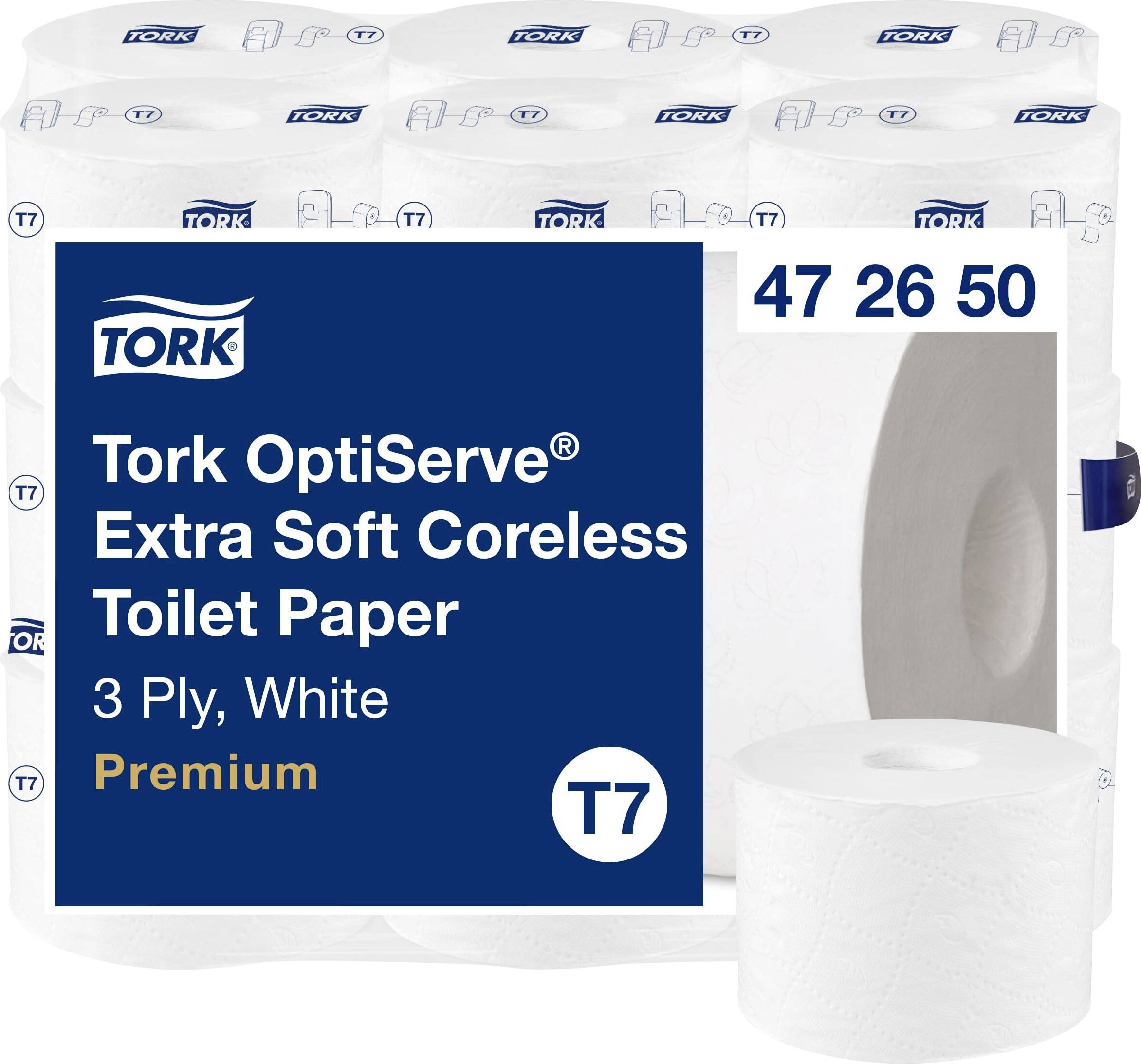 'Toilettenpapier Tork OptiServe, extra weich, kernlos, 3-lagig, weiß, Premium.' Verpackung zeigt Rolle und Produktdetails.