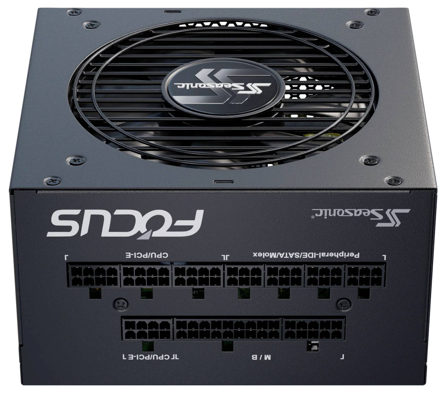 Ein schwarzes Computer-Netzteil der Marke Seasonic mit Modellaufschrift 'FOCUS'. Sichtbar sind Lüfter und verschiedene Anschlussbuchsen.