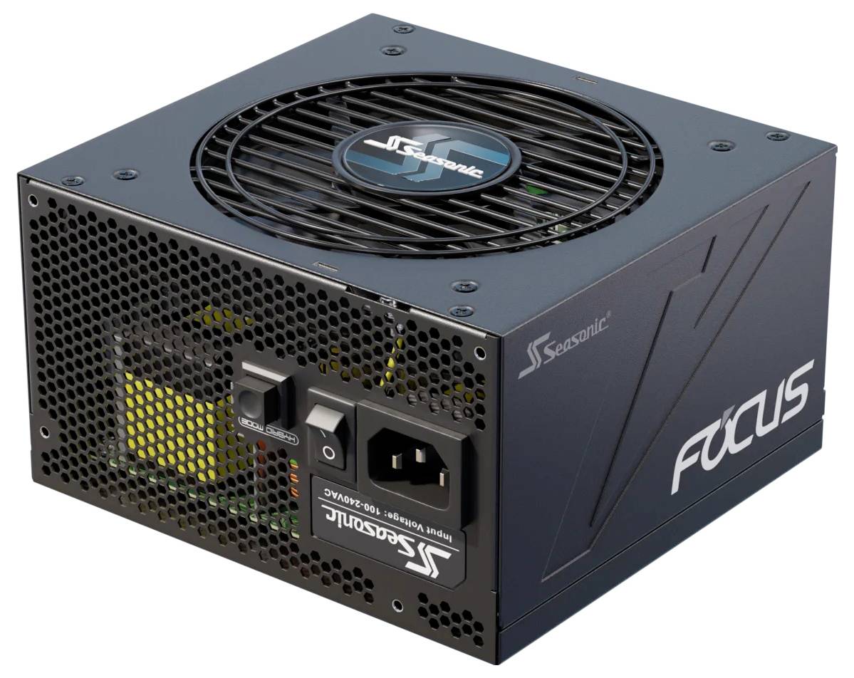 Netzteil mit Lüfter oben, Marke Seasonic, Modell Focus. Enthält Anschlüsse und Schalter; schwarz mit Logo und Modellname.