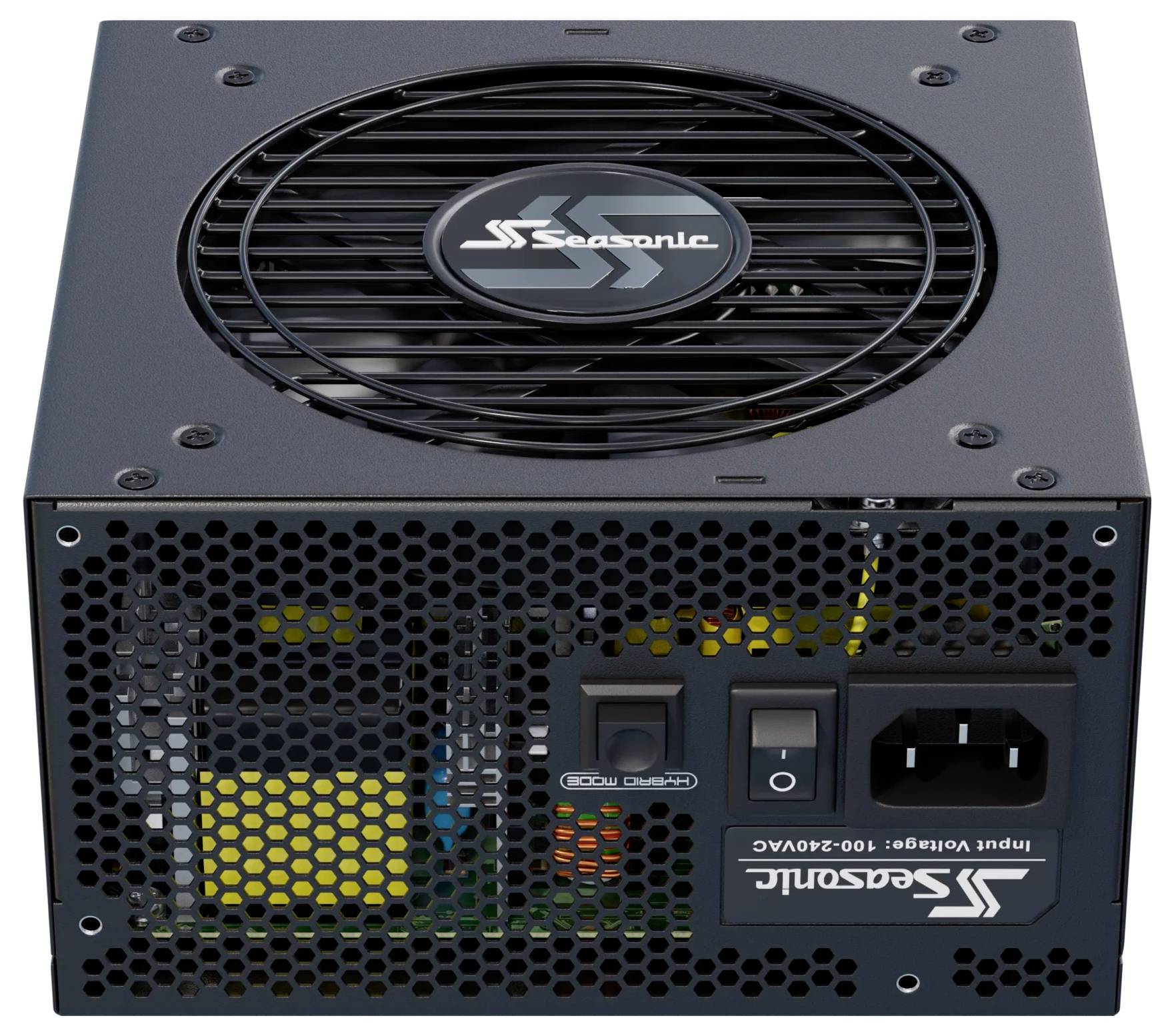 Netzteil von Seasonic mit Lüfter oben und Anschlüssen unten. Geeignet für PCs, mit Spannungseinstellung 100-240VAC.