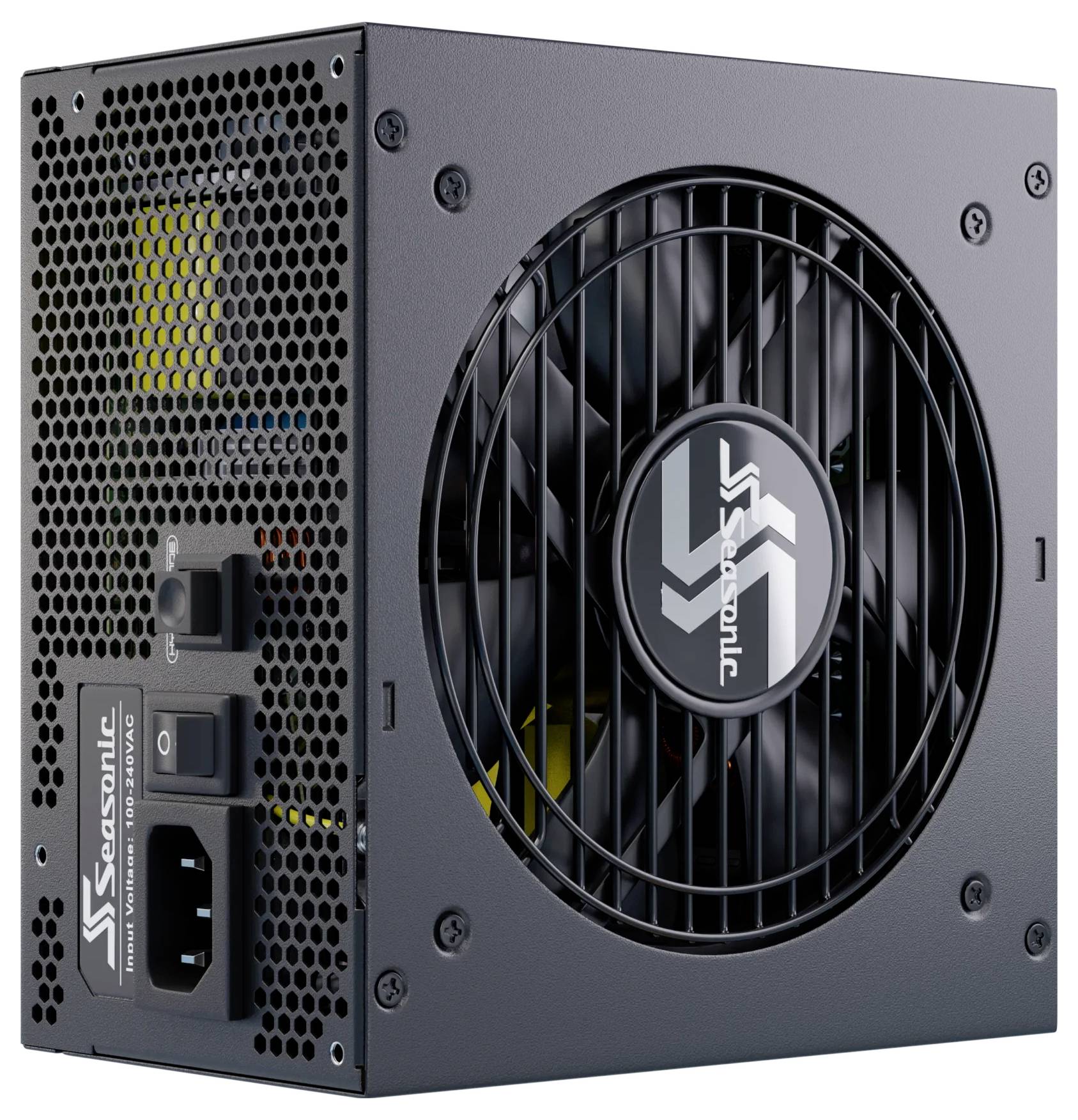 Ein schwarzes PC-Netzteil von Seasonic mit Lüfter und mehreren Anschlüssen an der Seite. Eignet sich zur Stromversorgung eines Computers.