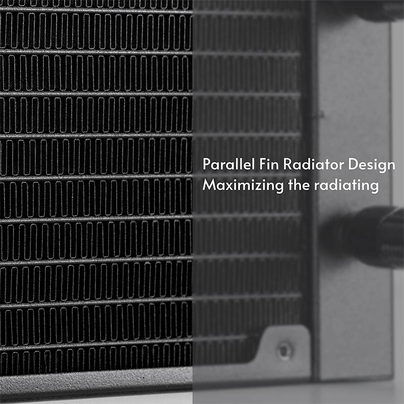 Nahaufnahme eines Kühlerradiators mit parallelem Lamellendesign und Text: 'Parallel Fin Radiator Design Maximizing the radiating'.