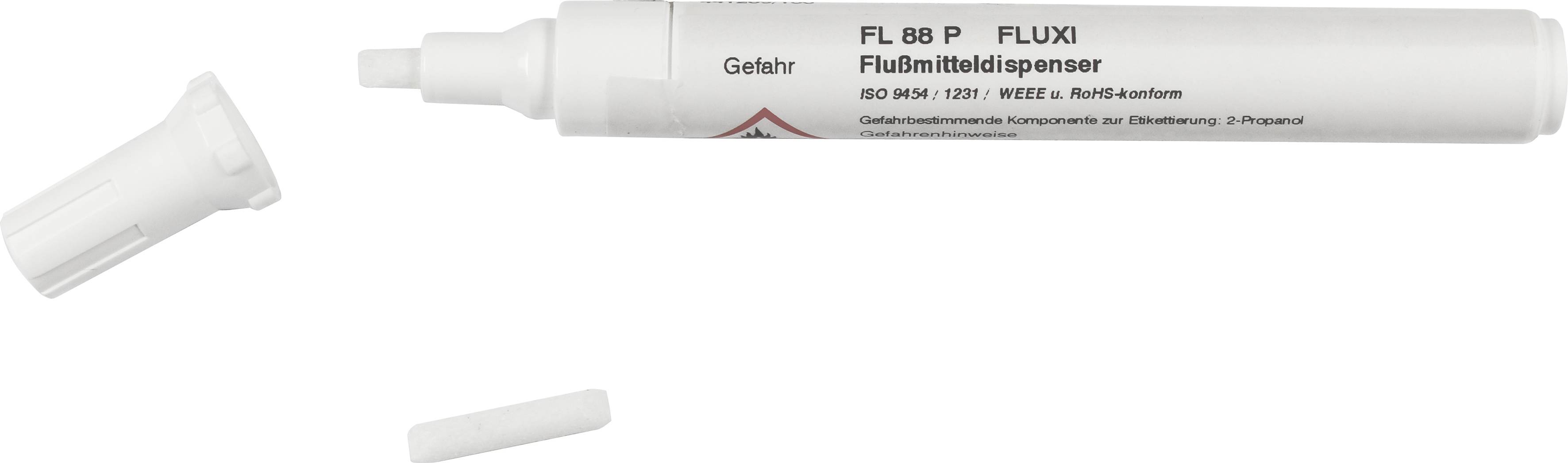 Ein Flussmitteldispenser mit abgenommenem Deckel und einem kleinen Verschlussstück, etiketiert mit 'FL 88 P FLUXI'. Im Hintergrund ist nichts zu sehen.