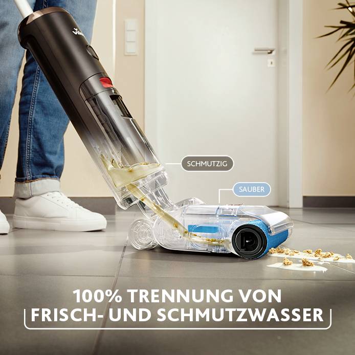 Ein Staubsauger trennt Frischwasser von Schmutzwasser. Der Boden ist teils verschmutzt, teils gereinigt. Text: '100% Trennung von Frisch- und Schmutzwasser'.