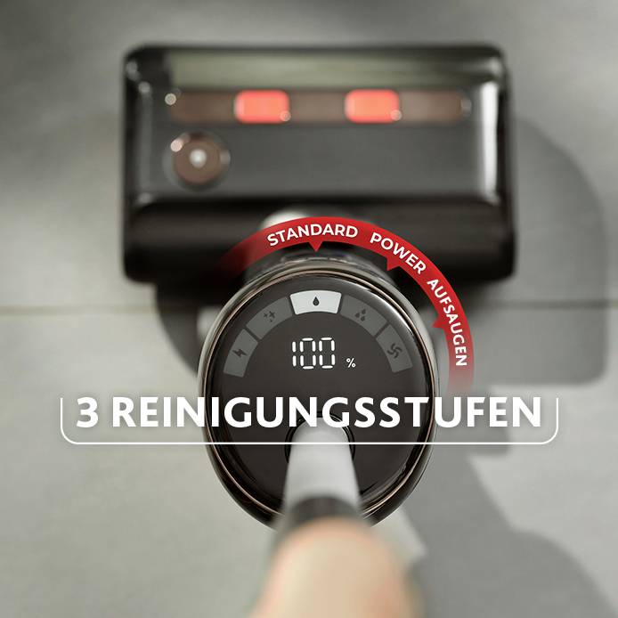 Staubsauger mit Bedienfeld, das drei Reinigungsstufen (Standard, Power, Aussaugen) anzeigt. Drehregler zeigt 100 % Leistung.