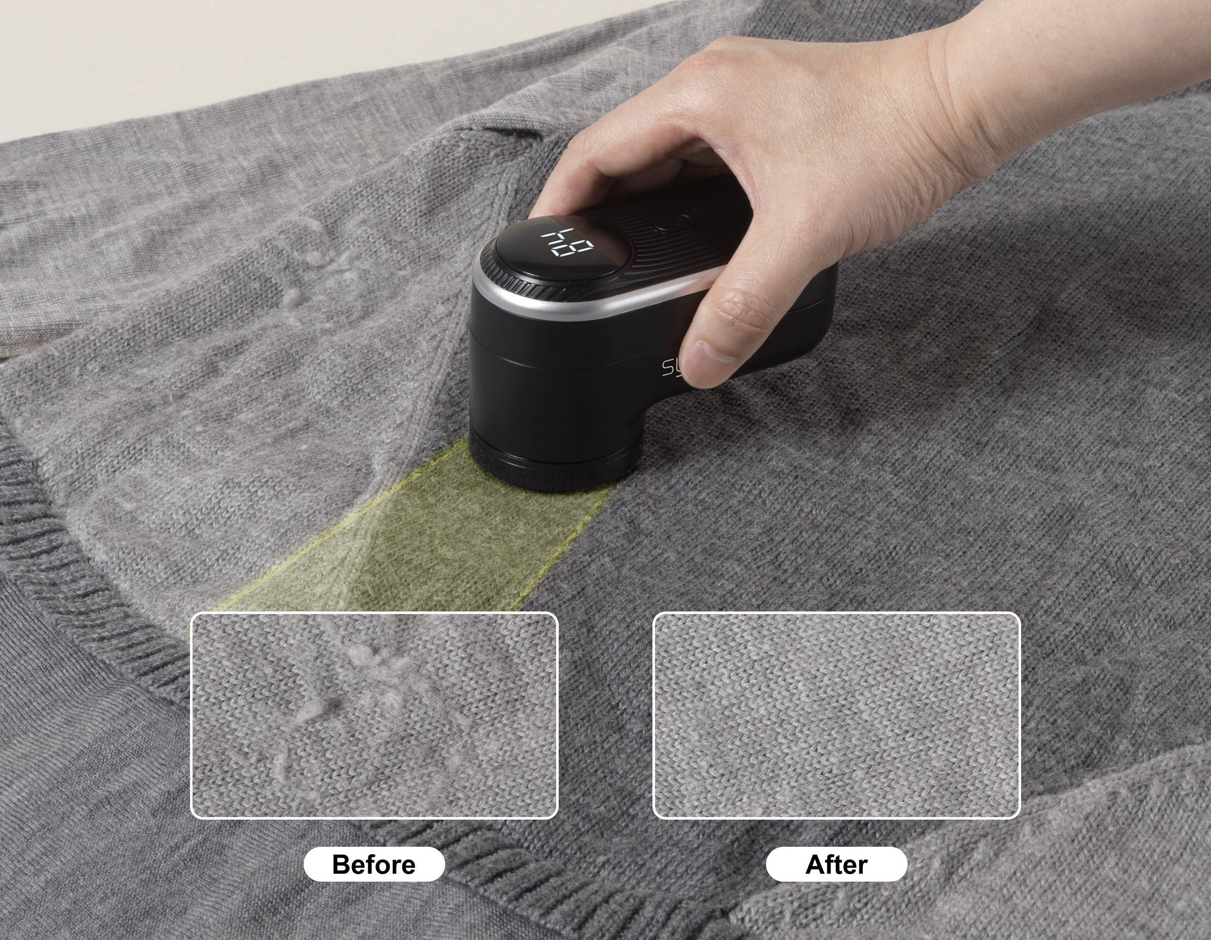 Eine Hand verwendet einen Stoff-Rasierer auf einem Pullover, wobei 'Vorher'- und 'Nachher'-Nahaufnahmen gezeigt werden. Der 'Vorher'-Bereich zeigt Fusseln, während der 'Nachher'-Bereich glatt ist.