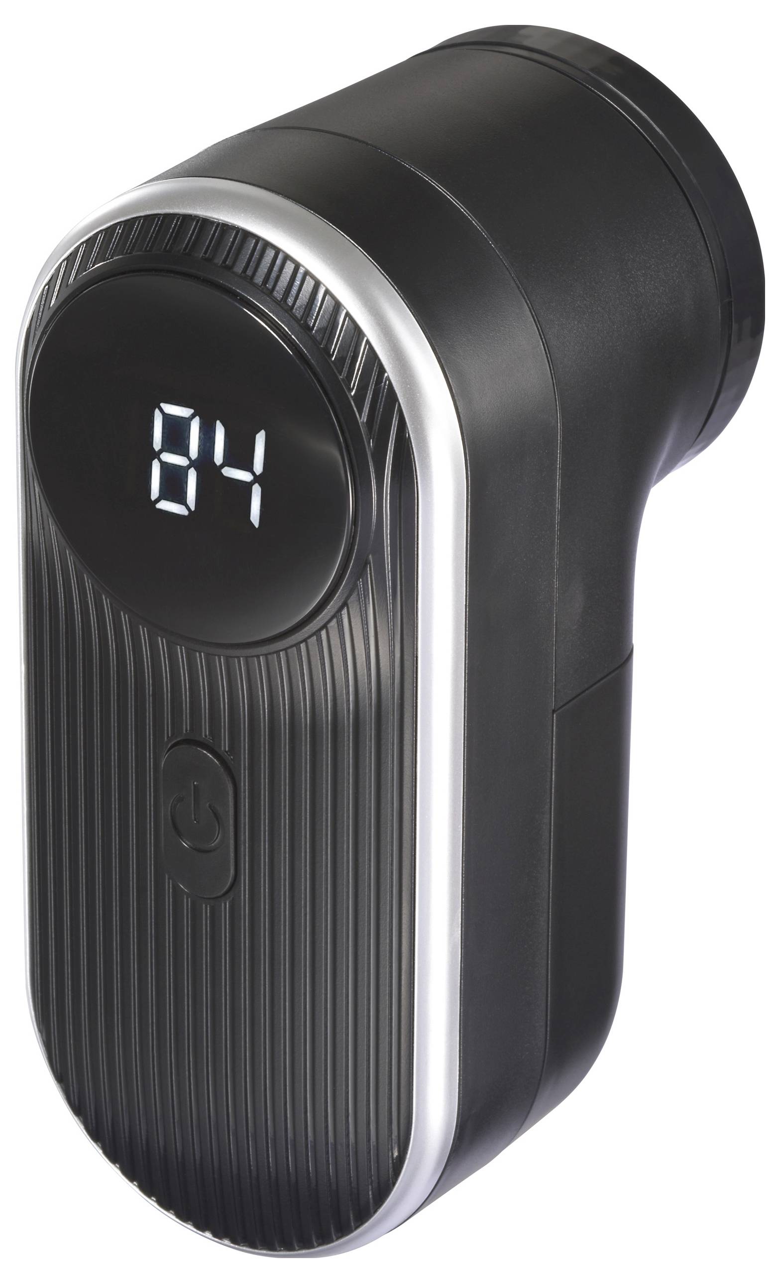 Ein schwarzer tragbarer Reifenkompressor mit digitalem Display, das '84' anzeigt.