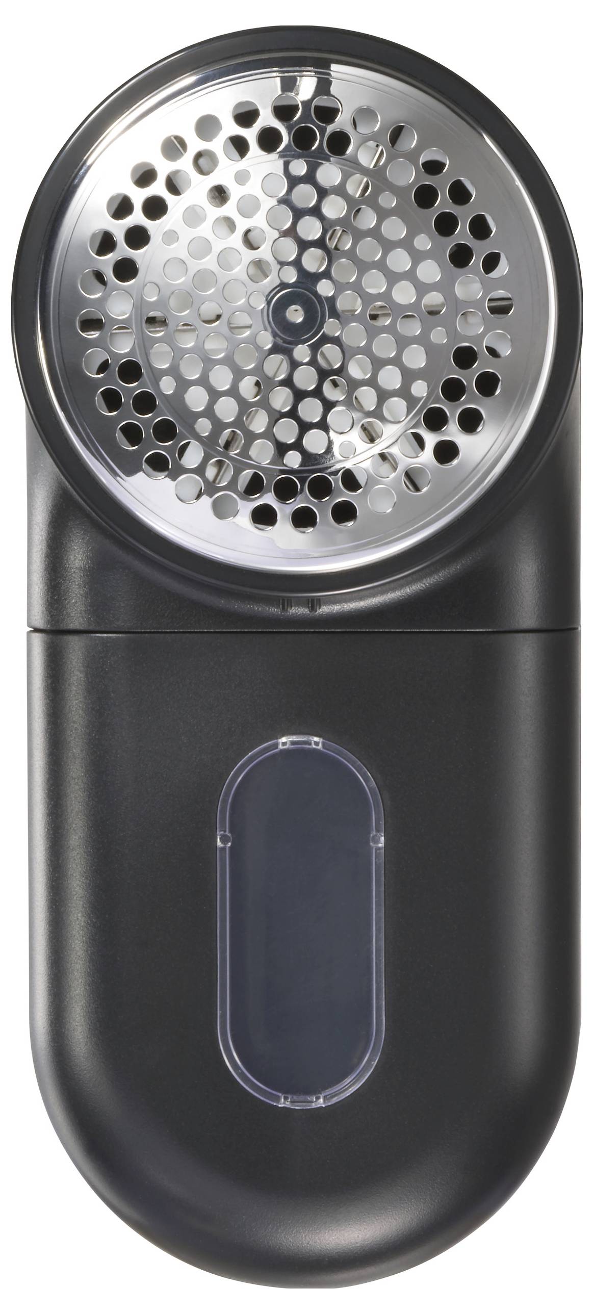 Schwarzer Fusselrasierer mit Metallgitter und transparentem Flusensammelbehälter.