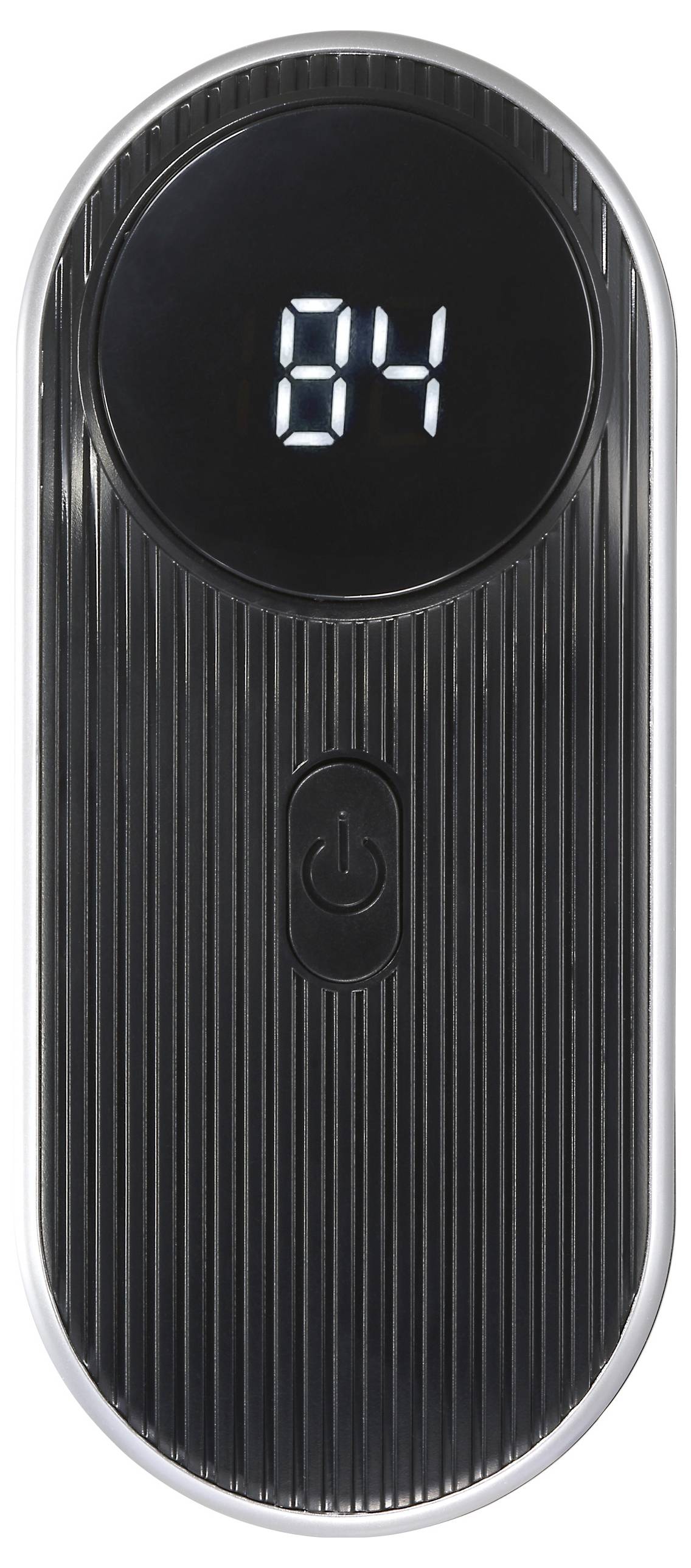 Ein rechteckiges, schwarzes elektronisches Gerät mit einer digitalen Anzeige, die '84' zeigt, und einer Einschalttaste darunter.