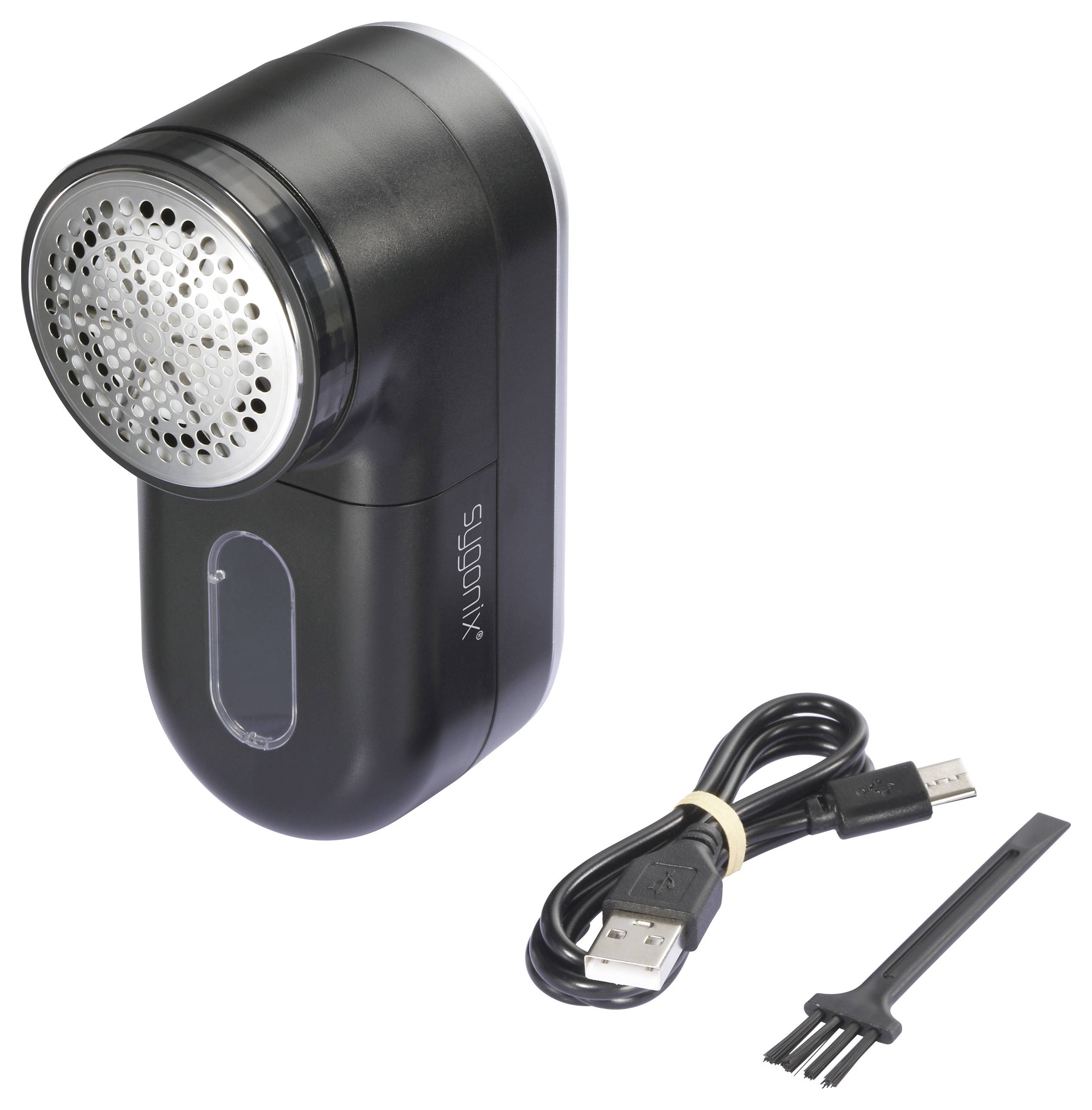 Schwarzer Fusselrasierer mit Metallklingenabdeckung, USB-Ladekabel und kleiner Reinigungsbürste.