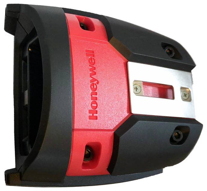 Ein roter und schwarzer Barcode-Scanner von Honeywell, seitlich gezeigt.