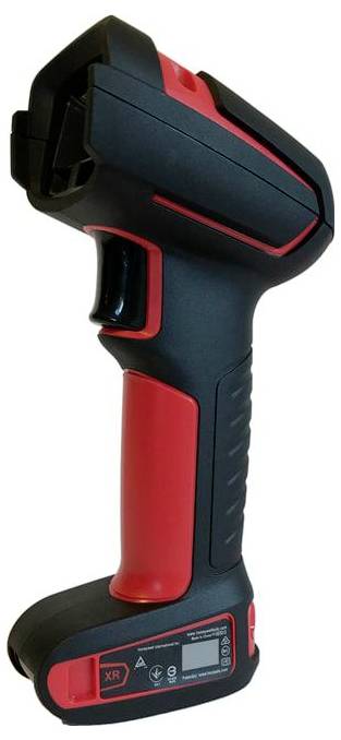 Ein tragbarer, kabelloser Thermodrucker mit schwarzem und rotem Gehäuse, einschließlich eines digitalen Displays und Bedienelementen unten.