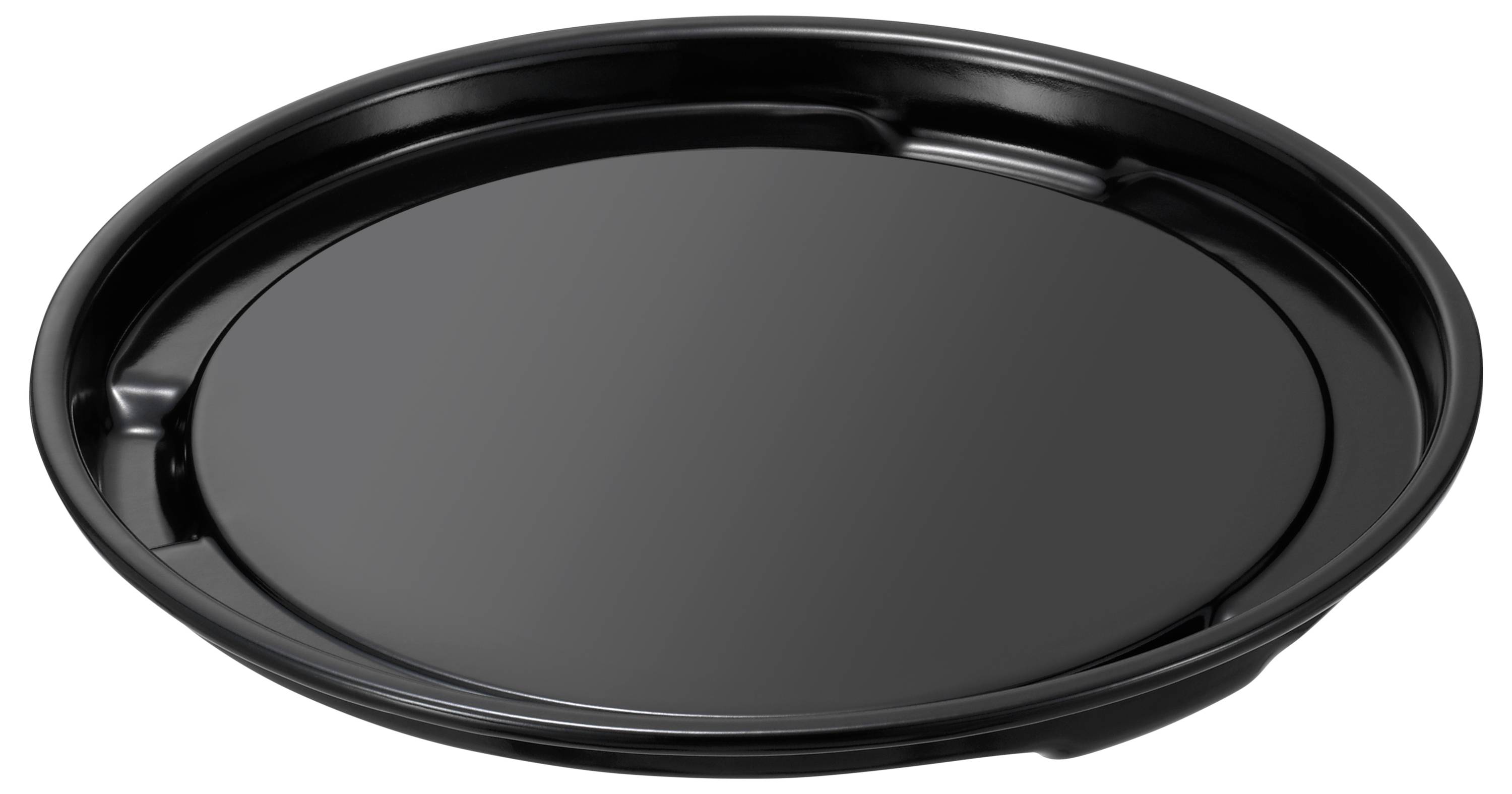 Ein schwarzes, rundes Tablett mit flachem Rand, geeignet für das Servieren oder Transportieren von Gegenständen.