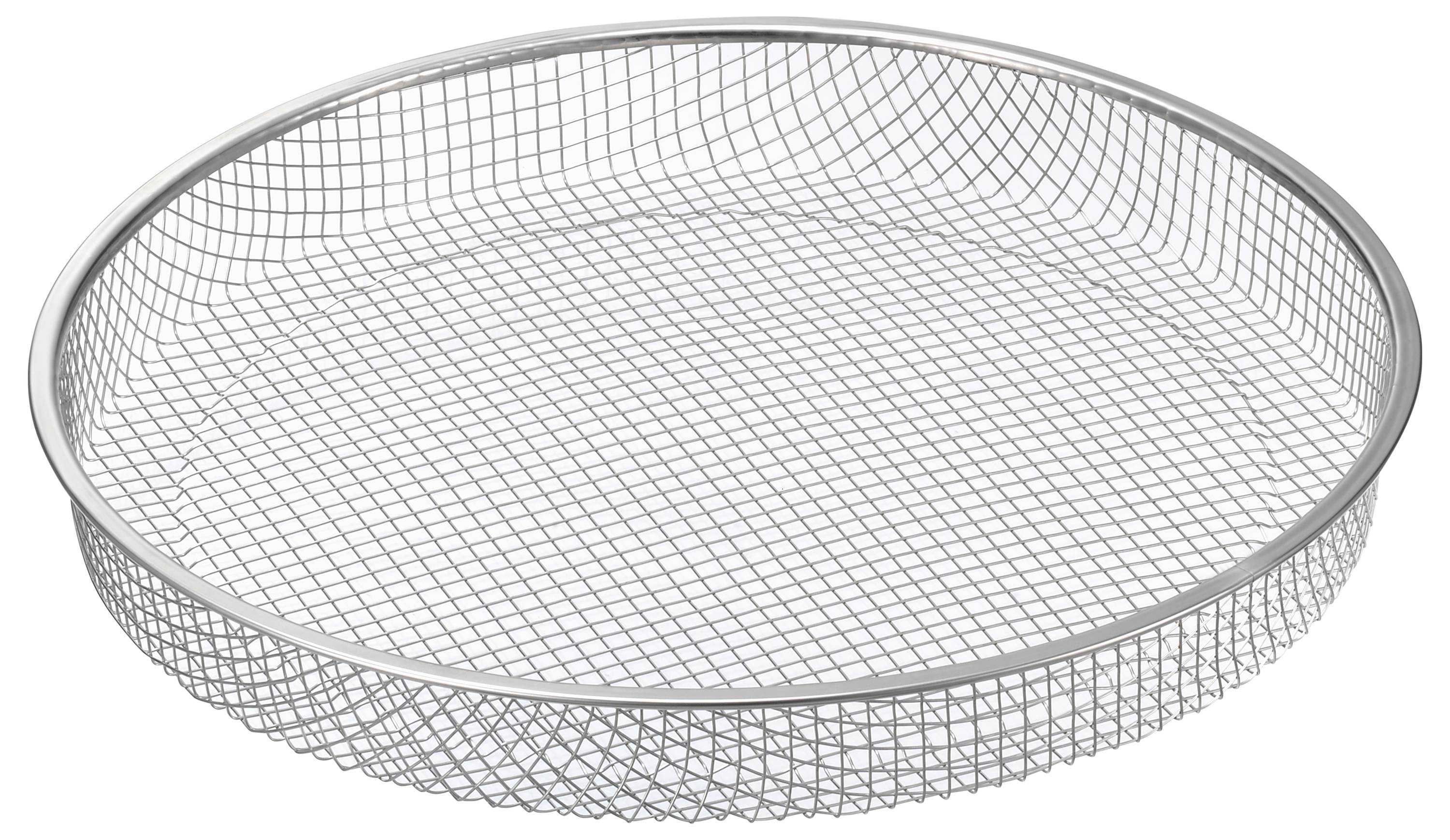 Ein rundes Metallgittertablett, das für das Abtropfen oder Lagern von Gegenständen verwendet werden kann.