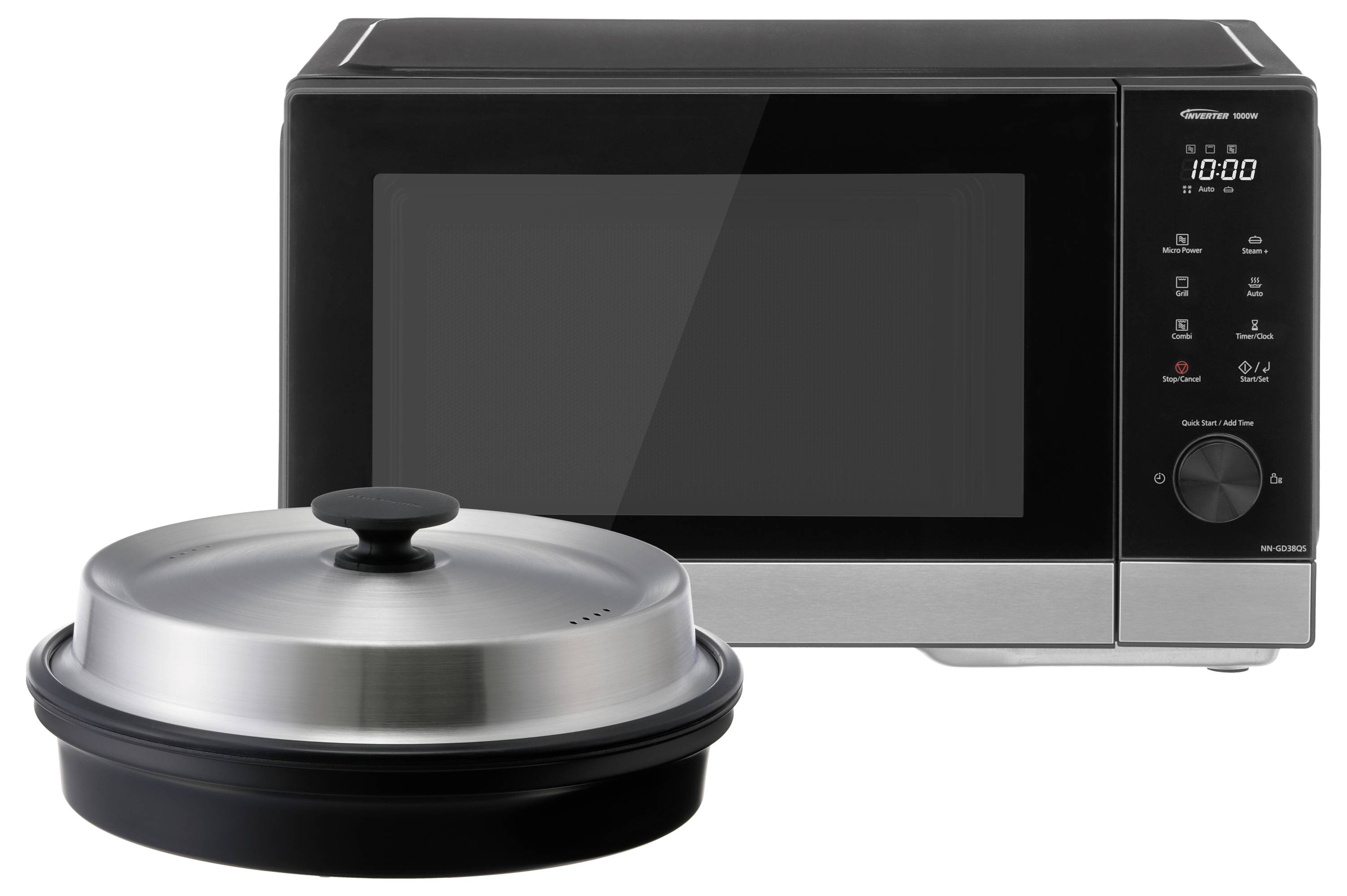 Eine schwarze Mikrowelle mit Digitalanzeige und Bedienfeld rechts. Davor steht ein runder, silberner Garkorb mit Deckel.