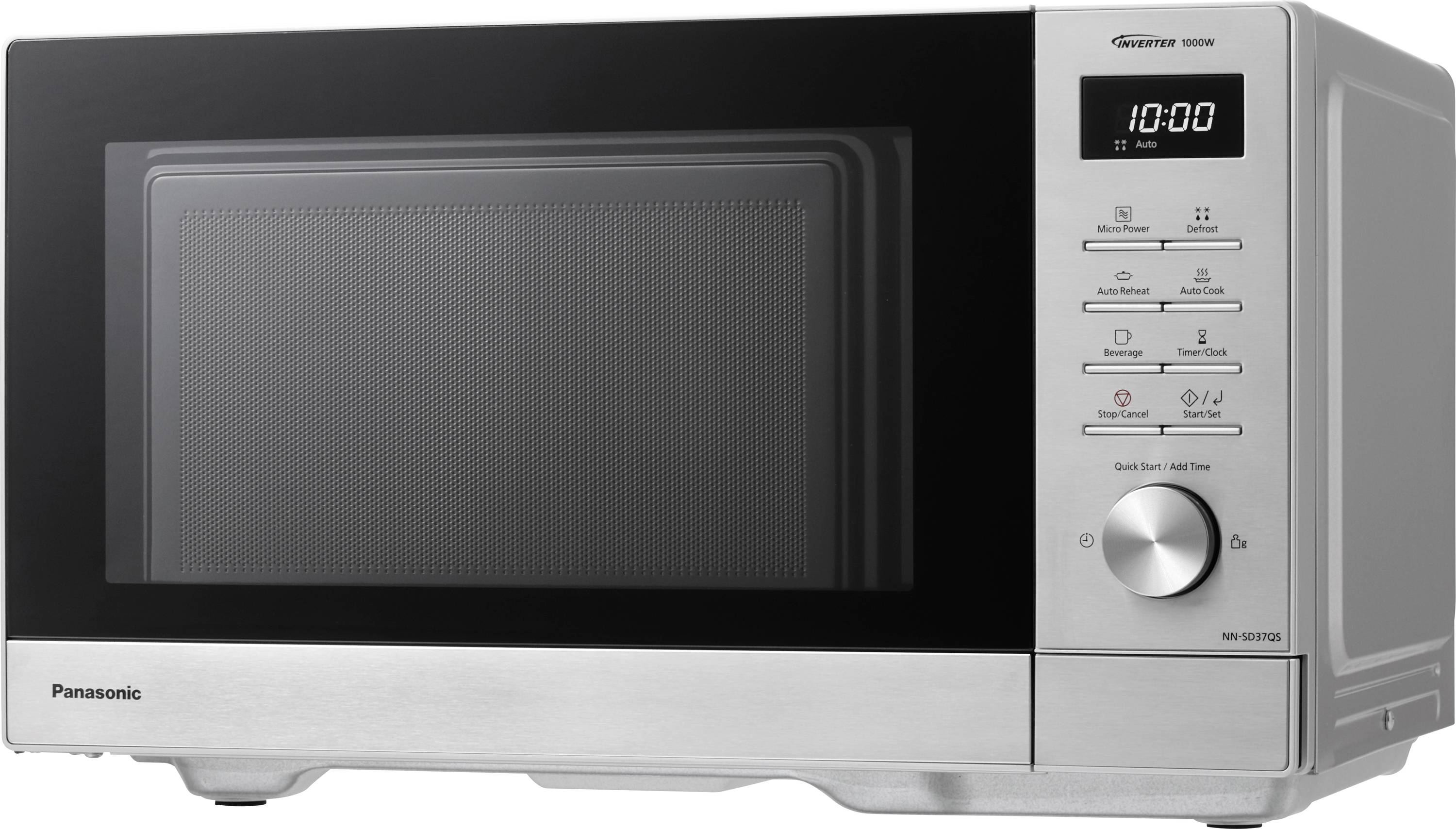 Eine silberne Mikrowelle mit digitalem Display zeigt '10:00'. Rechts befinden sich mehrere Knöpfe und ein Drehrad für verschiedene Einstellungen.