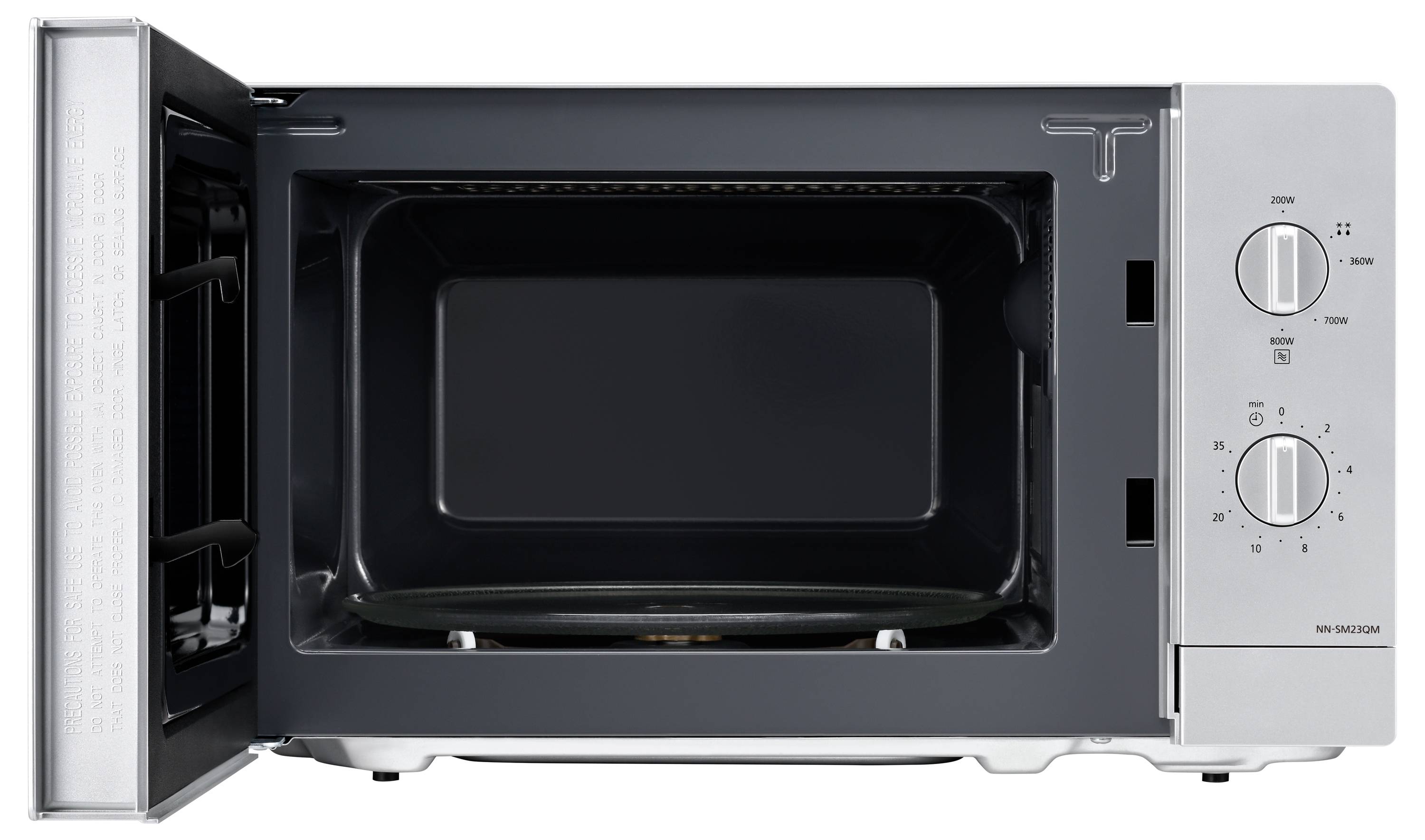 Silberne Mikrowelle mit offener Tür, zeigt Innenraum und Bedienelemente mit zwei Drehknöpfen an der rechten Seite.