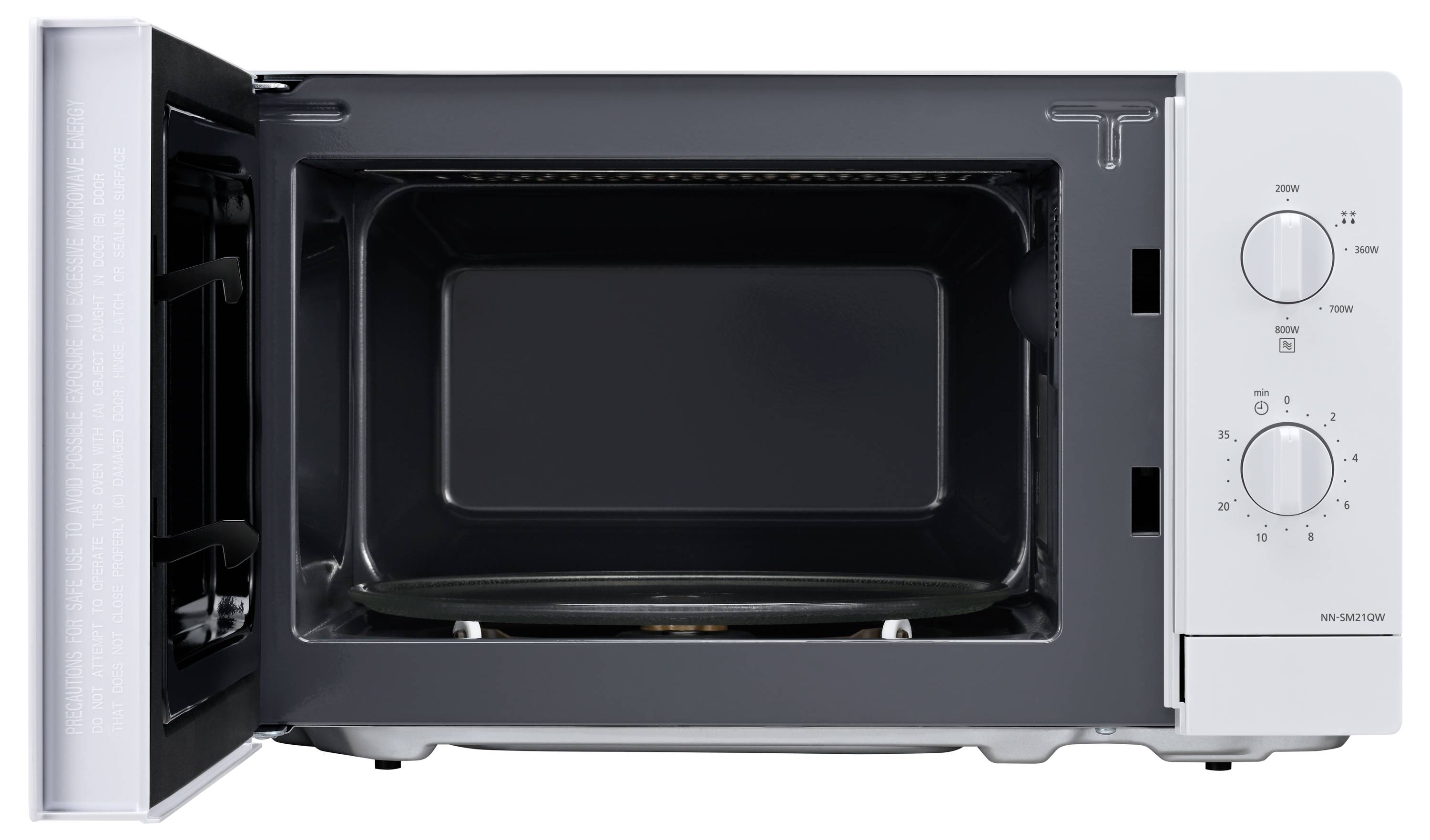 Mikrowelle mit geöffneter Tür, zeigt den Innenraum mit Drehteller. Rechts befinden sich Drehregler für Zeit und Leistungseinstellung.