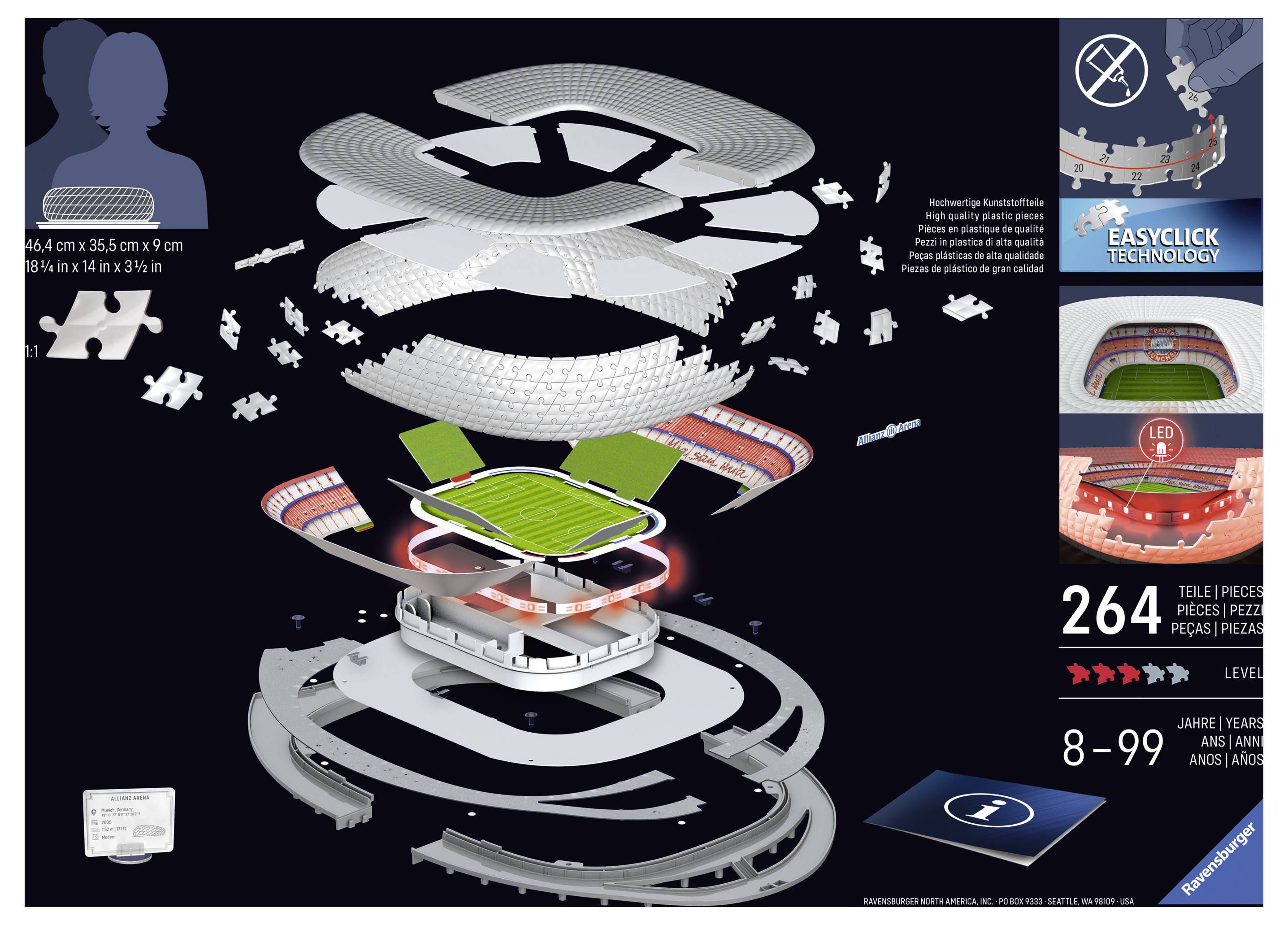 Explosionszeichnung eines Stadions mit 264 Teilen zum Zusammenbau. Geeignet für Alter 8-99 Jahre. Enthält 'EasyClick Technology'.