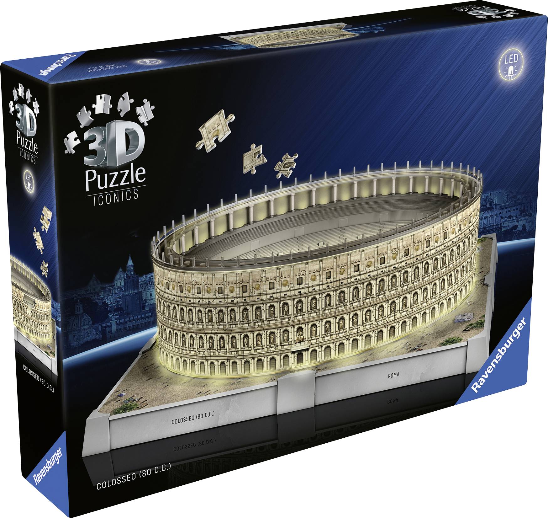 '3D-Puzzle des Kolosseums in Rom' auf Verpackung. Modell zeigt historische Architektur. Ravensburger-Marke, LED-beleuchtet.