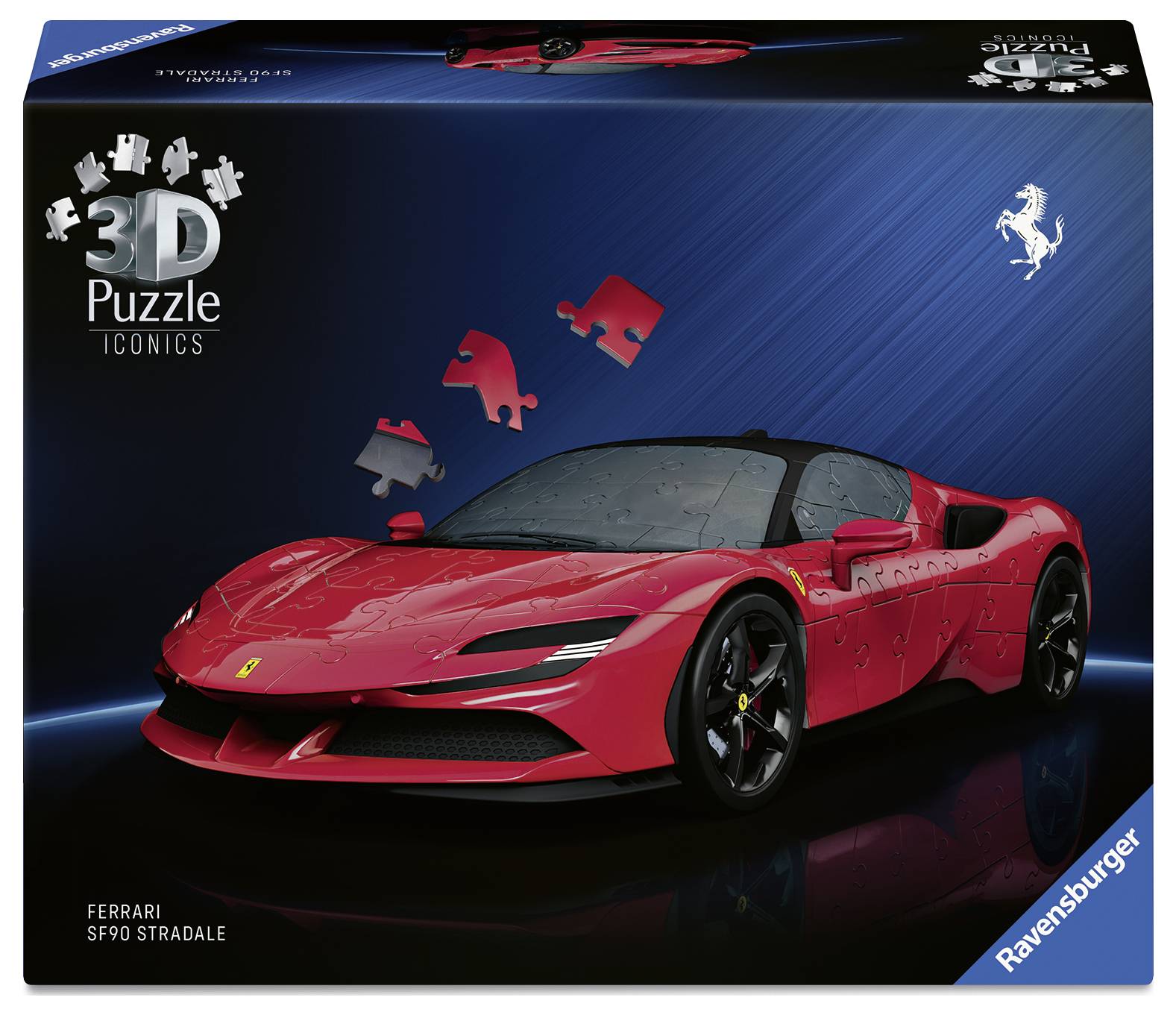 Ein 3D-Puzzle von Ravensburger zeigt einen roten Ferrari SF90 Stradale auf der Verpackung, hervorgehoben als 