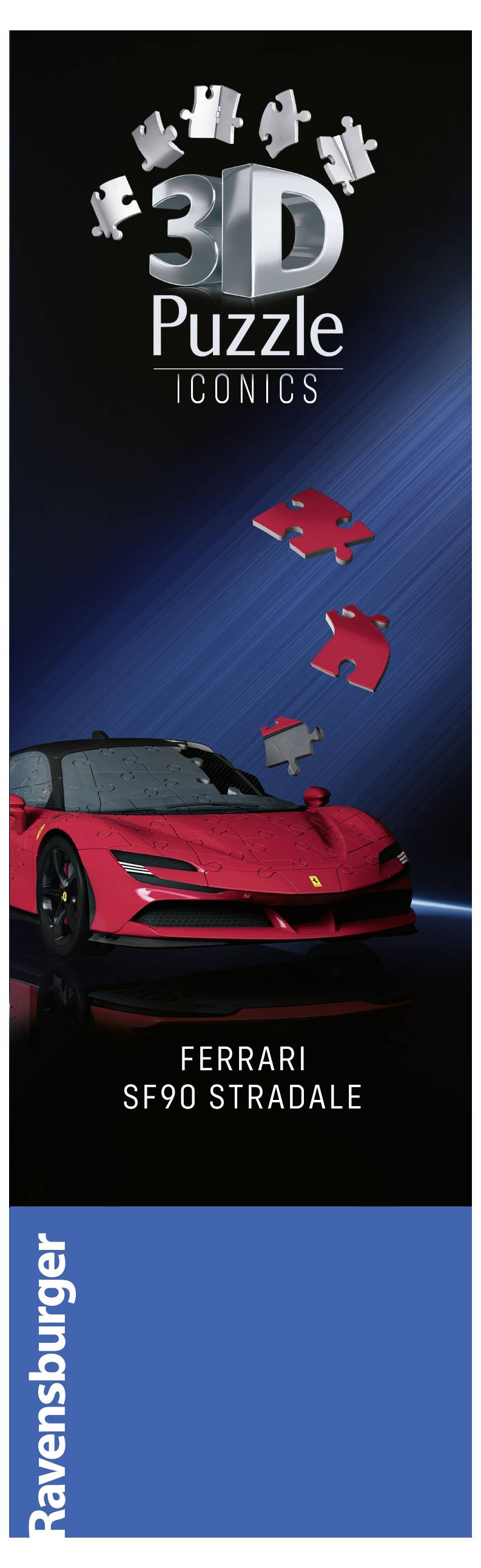 3D-Puzzle von Ravensburger: 'Ferrari SF90 Stradale' in Rot mit Puzzleteilen darüber.