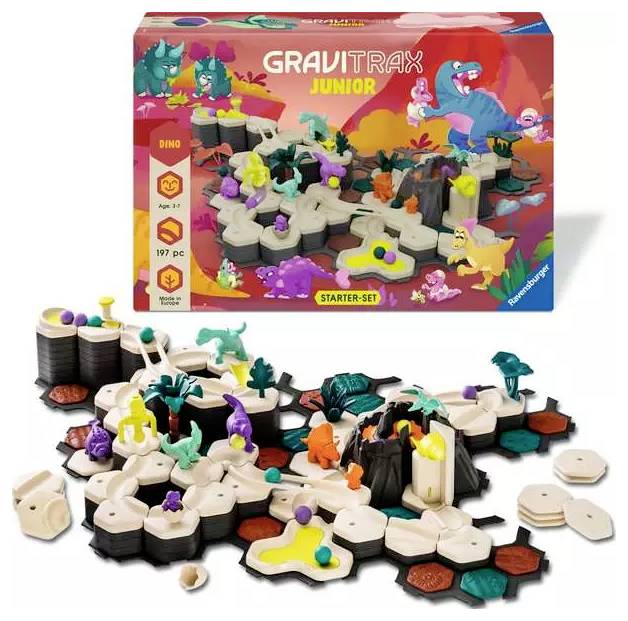 'GraviTrax Junior' Starter-Set-Verpackung mit einer Dinosaurier-Themen-Murmel-Bahn, bunten Figuren und Komponenten für Kinder von 2-7 Jahren, 197 Teile.