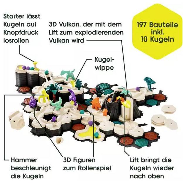 Spielbrett mit 3D-Vulkan, Kugelwippe und Hammer. Starter löst Kugeln aus. Lift bringt Kugeln nach oben. Enthält 197 Bauteile, 10 Kugeln.