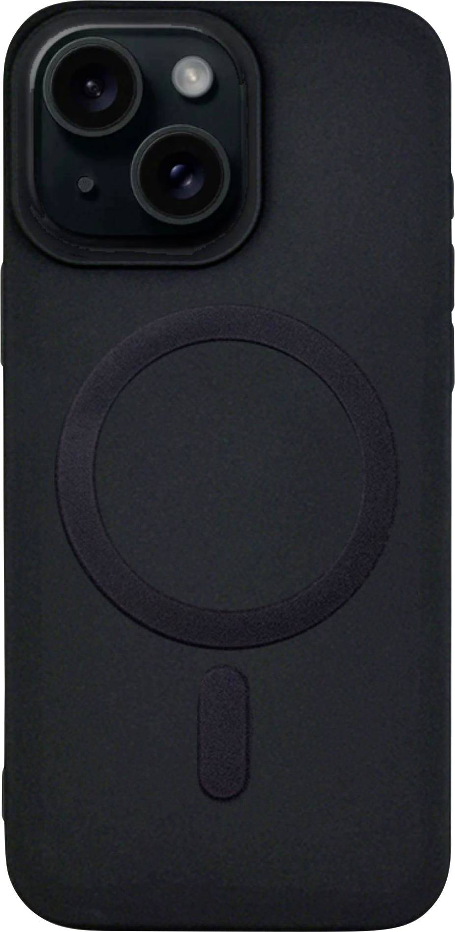 Schwarze Smartphone-Schutzhülle mit kreisförmigem Muster auf der Rückseite, kompatibel mit einem dualen Kamerasystem.