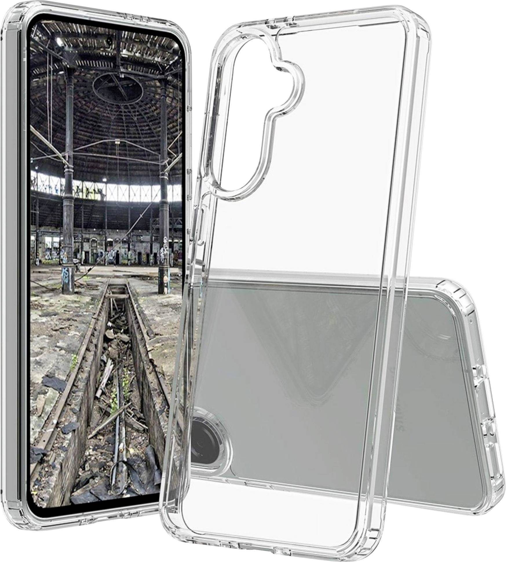 Zwei transparente Handyhüllen zeigen ein modernes Smartphone mit Bildmotiv einer verlassenen Industriehalle im Display.