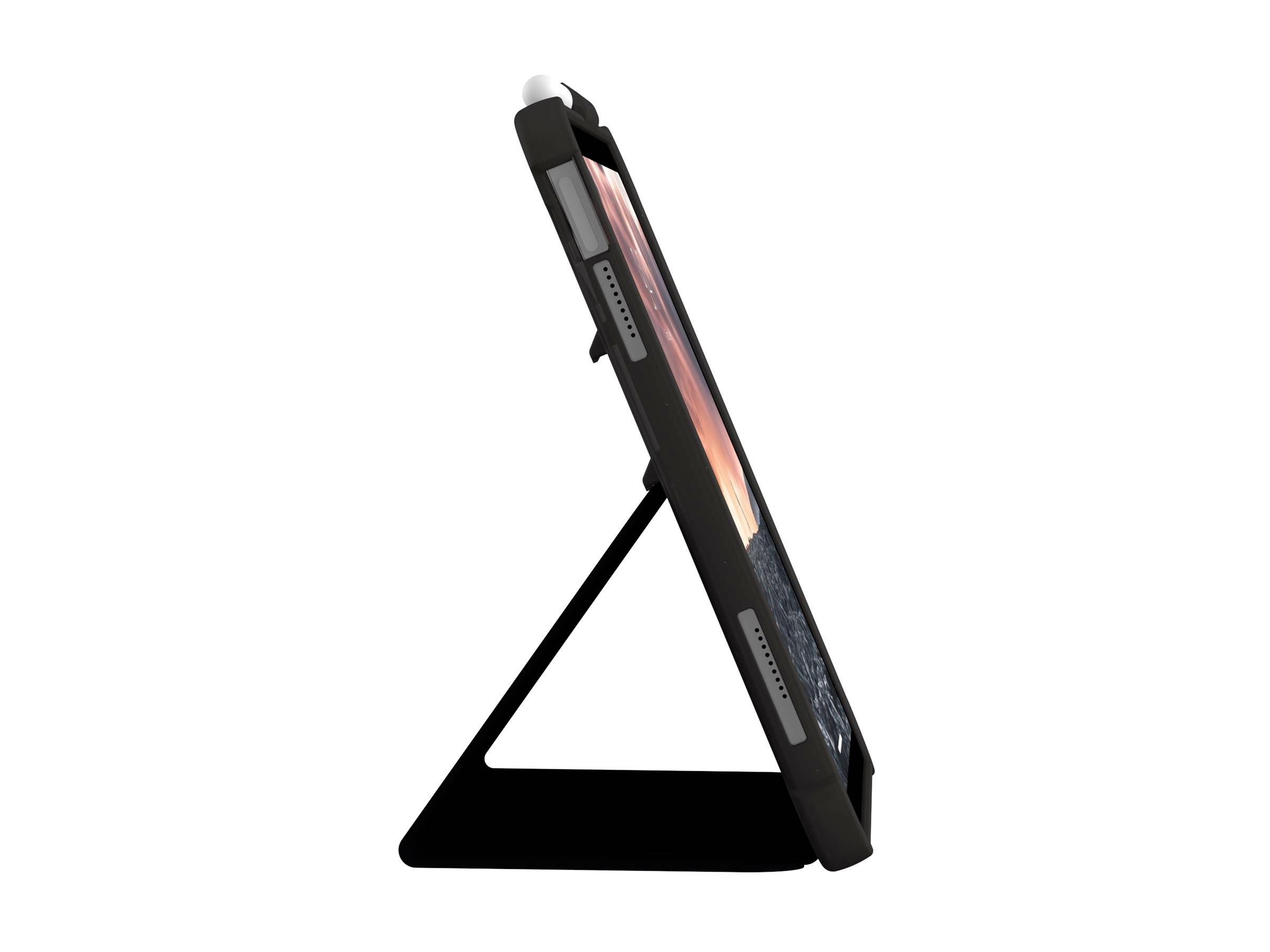 Tablet in schwarzer Hülle, aufgestellt im Profil. Bildschirm zeigt bunte Grafiken. Die Hülle hat eine Stift-Halterung oben.