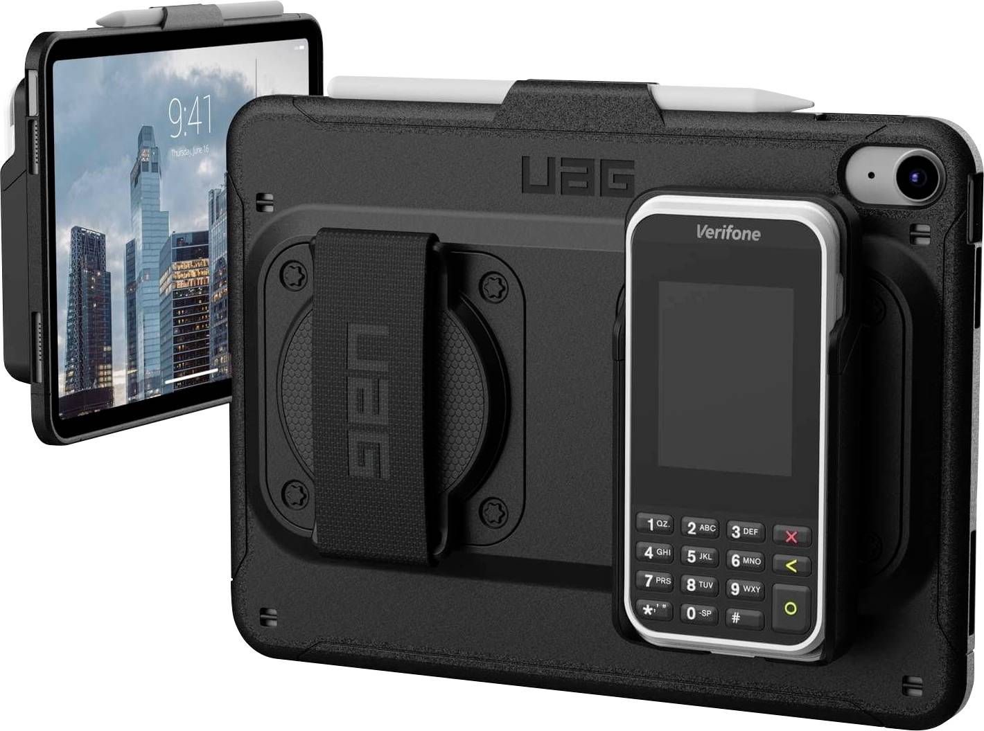 Ein Tablet mit einer Halterung und einem Verifone Zahlungsterminal, das in einem robusten Schutzgehäuse befestigt ist.