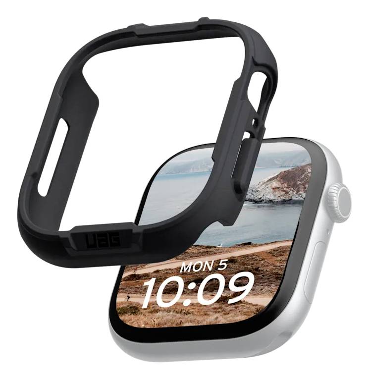 Eine Smartwatch mit Landschaftsbild auf dem Display zeigt die Uhrzeit 10:09 und das Datum 'Mon 5'. Ein schwarzes Schutzcase schwebt darüber.
