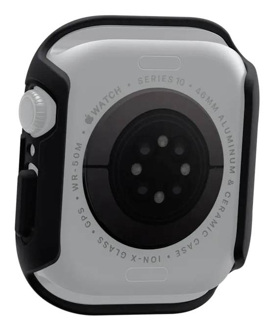 Eine Smartwatch mit schwarzem Gehäuse, seitlicher Krone und Sensoren auf der Rückseite. Text auf dem Gehäuse: 'SERIES 10, 46MM ALUMINUM & CERAMIC CASE'.