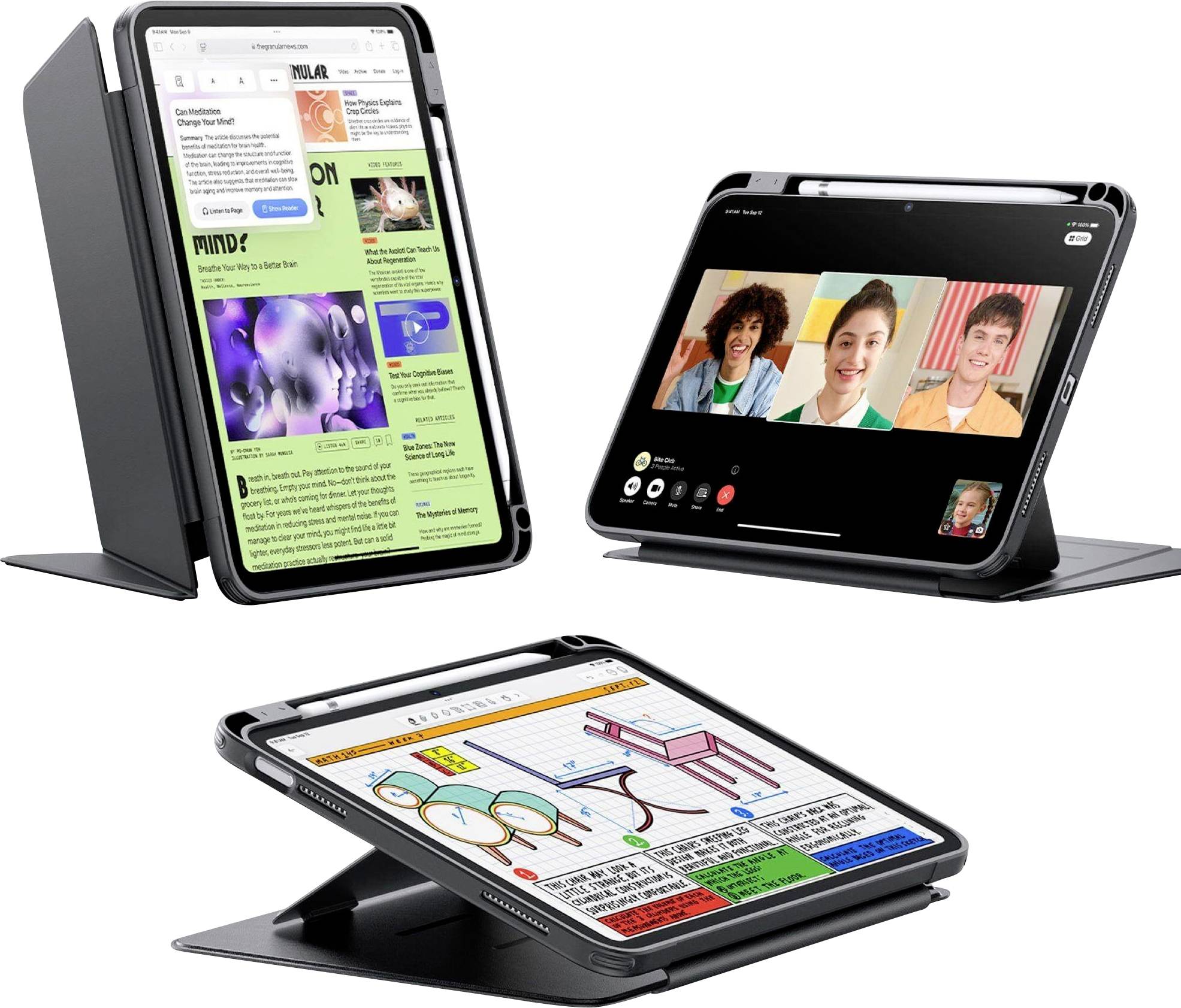 Drei Tablets in unterschiedlichen Positionen: eins zeigt eine Webseite, eins ein Videokonferenzgespräch und eins eine digitale Notiz.